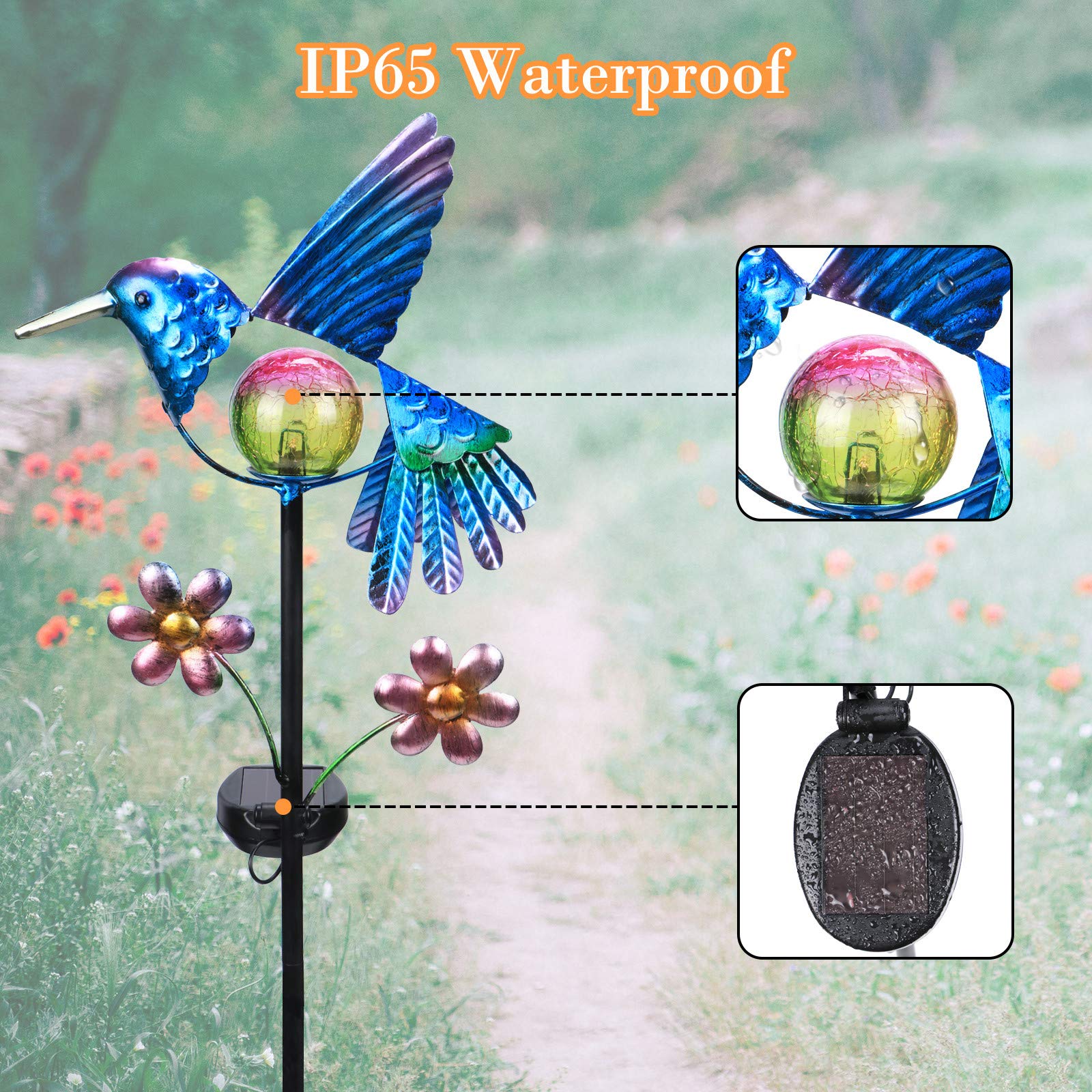 Solar Hummingbird Garden Stake Lights - Waterproof Outdoor LED Pathway Lights with Warm Crackled Glass Globe for Walkway, Yard, Lawn & Patio | Solar-Powered Landscape Lighting for Gardens, Driveways & Backyard Decor
