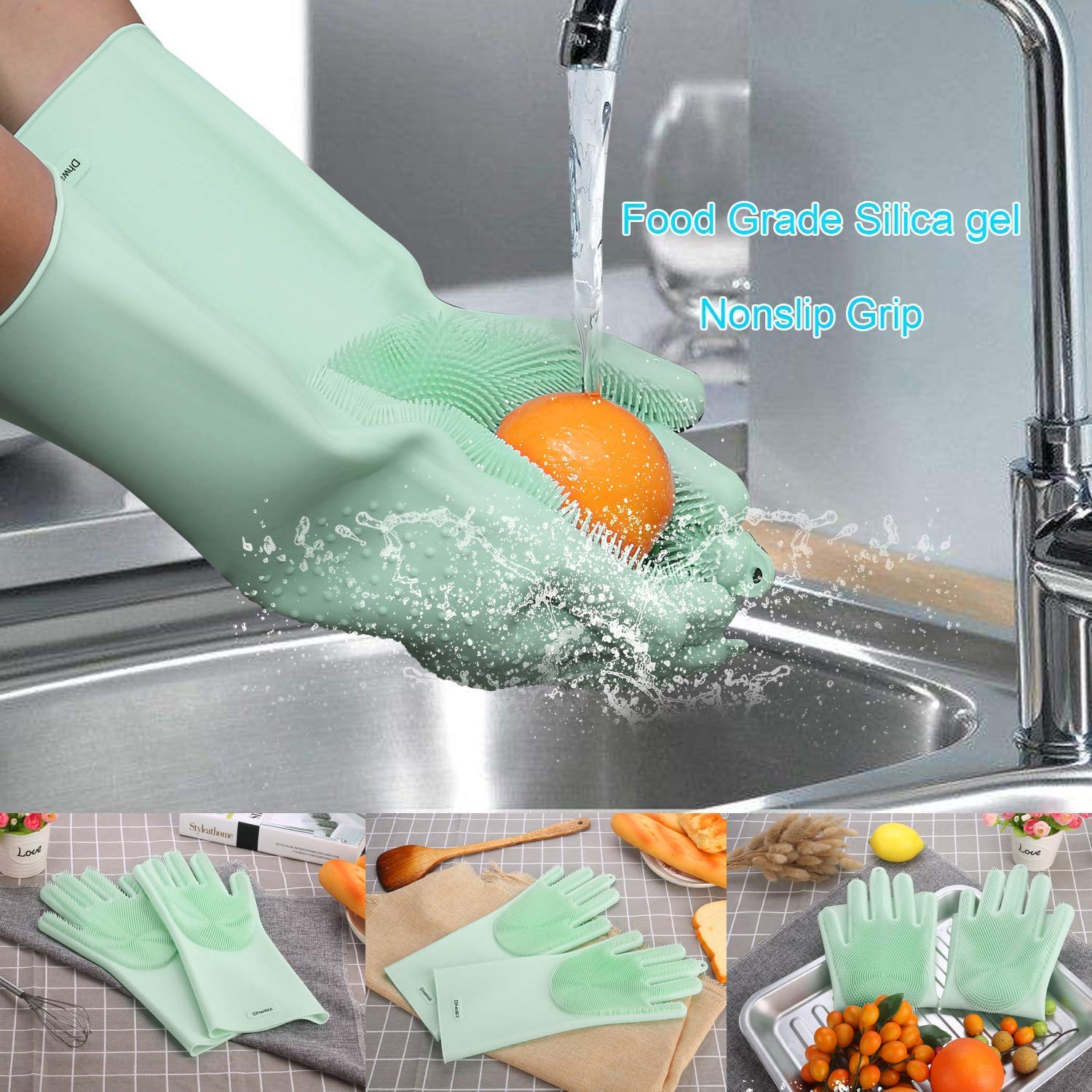 SCANWORLD Heat-Resistant Kitchen Silicone Rubber Gloves for Dish Washing, Cleaning & Cooking - Non-Slip Grip with Built-in Scrubber Brush (1 Pair, Multi-Color) - Perfect for Washing Dishes, Handling Hot Pots & Household Chores