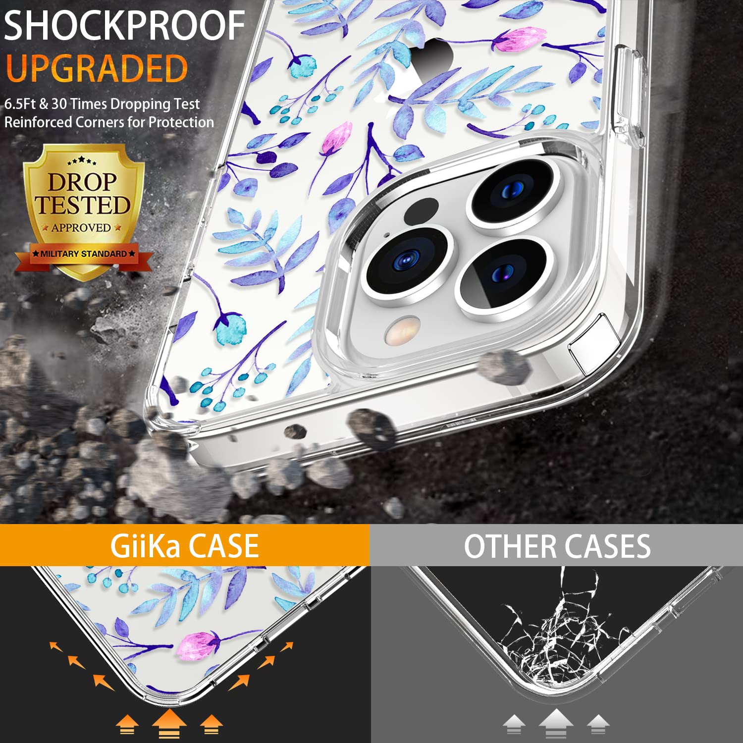 GiiKa iPhone 13 Pro Max Case with Screen Protector - 6.7 Inch Clear Shockproof Protective Case for Women, Floral Design Hard Phone Cover with TPU Bumper - Perfect for Everyday Use, Work, and Travel (Blue Floral)