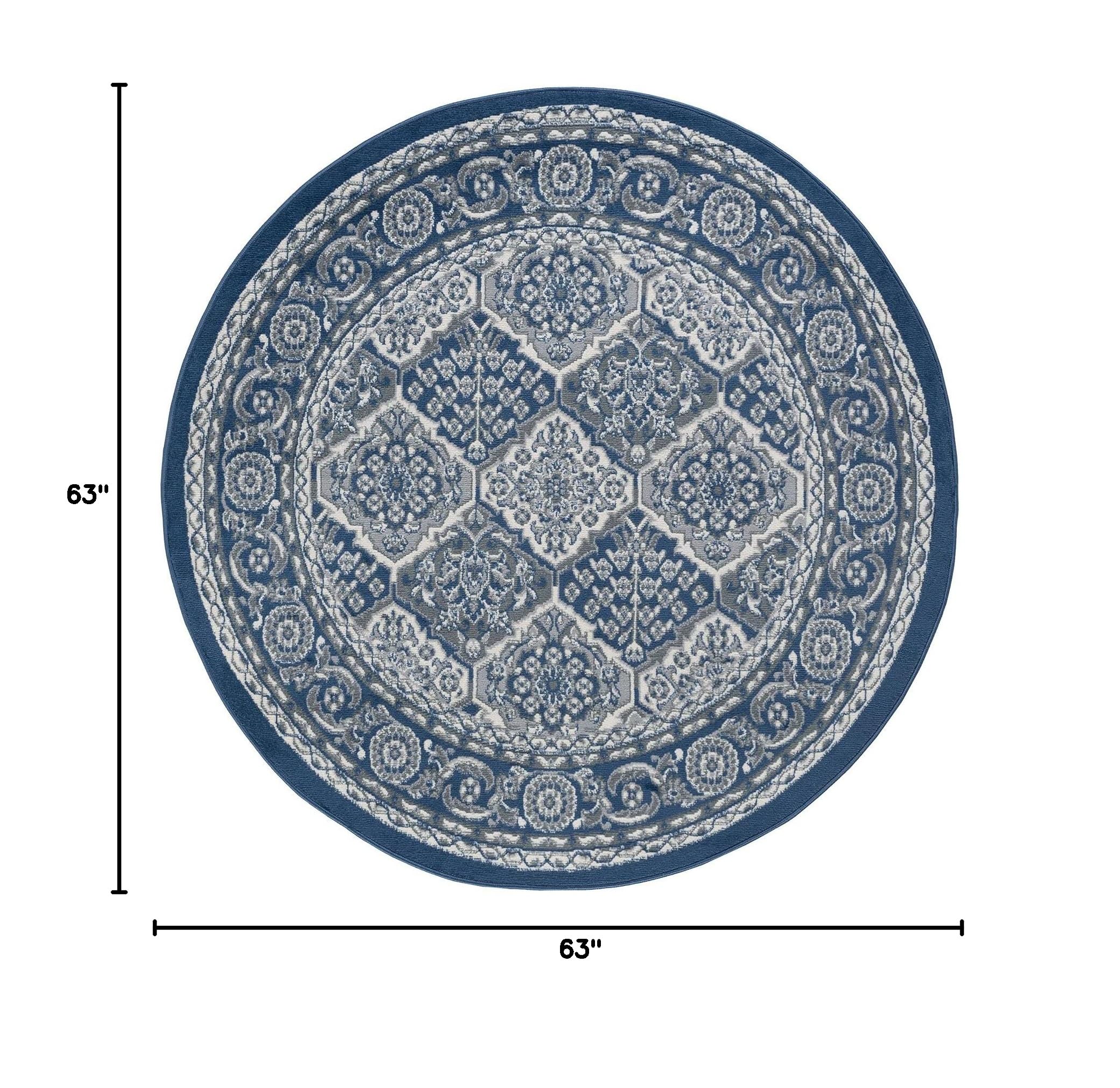 Tayse Oxnard Navy 6-Foot Round Area Rug - Traditional Oriental Blue Carpet for Living Room, Bedroom & Dining Room - Soft 5'3