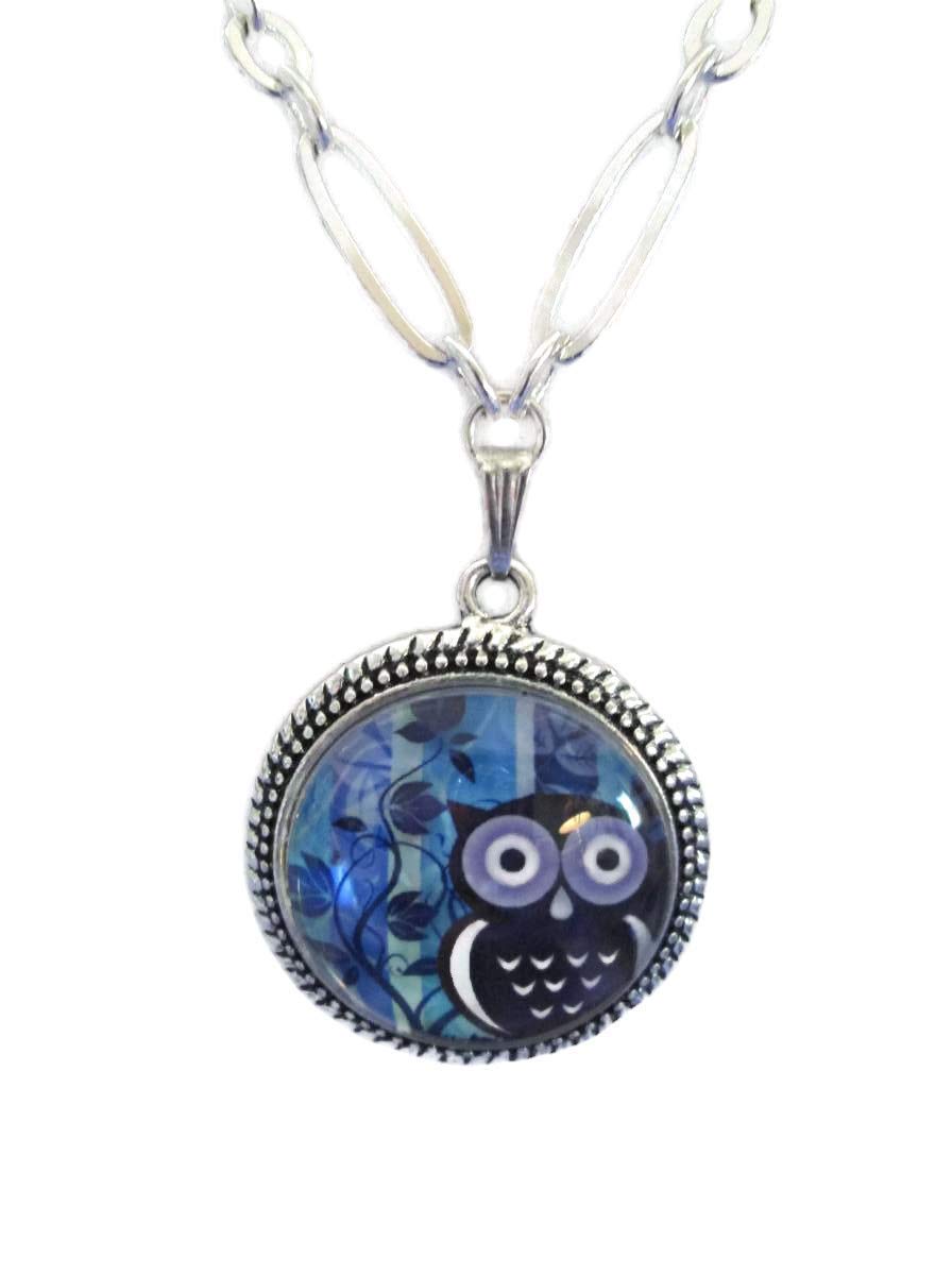 Blue Owl Pendant Necklace with Domed Glass Cabochon - Silver Oval Linked Chain, Custom Length & Extension Chain - Perfect for Gifts, Nature Lovers & Boho Fashion