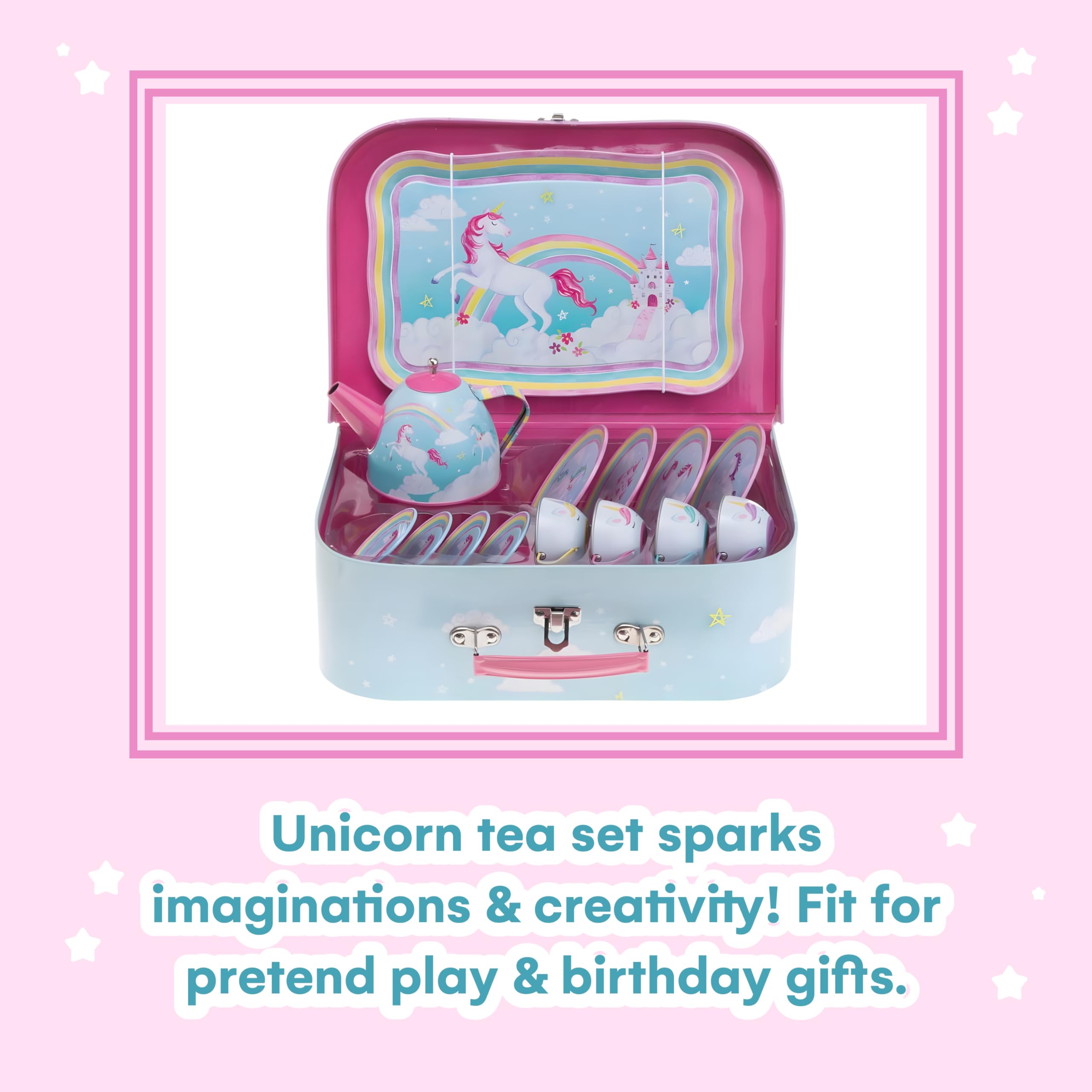 Jewelkeeper 15-Piece Kids Tea Set for Little Girls - Unicorn Design Tin Tea Party Set with Cups, Saucers, Plates & Serving Tray - Pretend Play Princess Tea Time Toy for Toddlers - Perfect for Birthday Gifts, Tea Parties & Indoor Pretend Play
