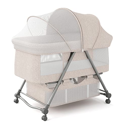 67i Portable Folding Baby Bassinet - 2-in-1 Rocking Cradle & Quick-Fold Infant Crib with Storage Basket & Travel Bag - Perfect for Nursery, Travel & Bedside Sleeping (Deep Khaki)