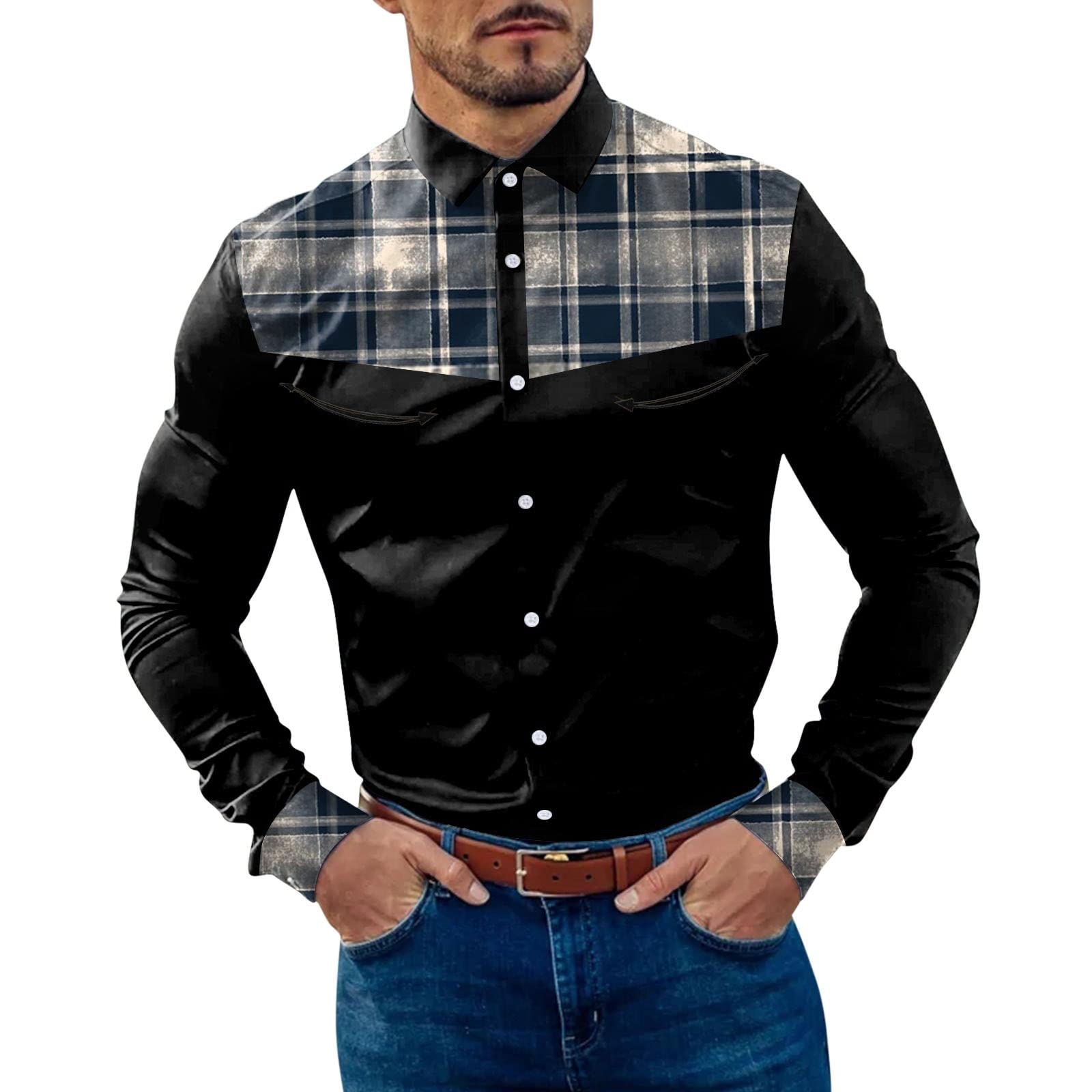 Men's Retro Plaid Shirt - Distressed Lapel & Button Cuffs for Casual Wear