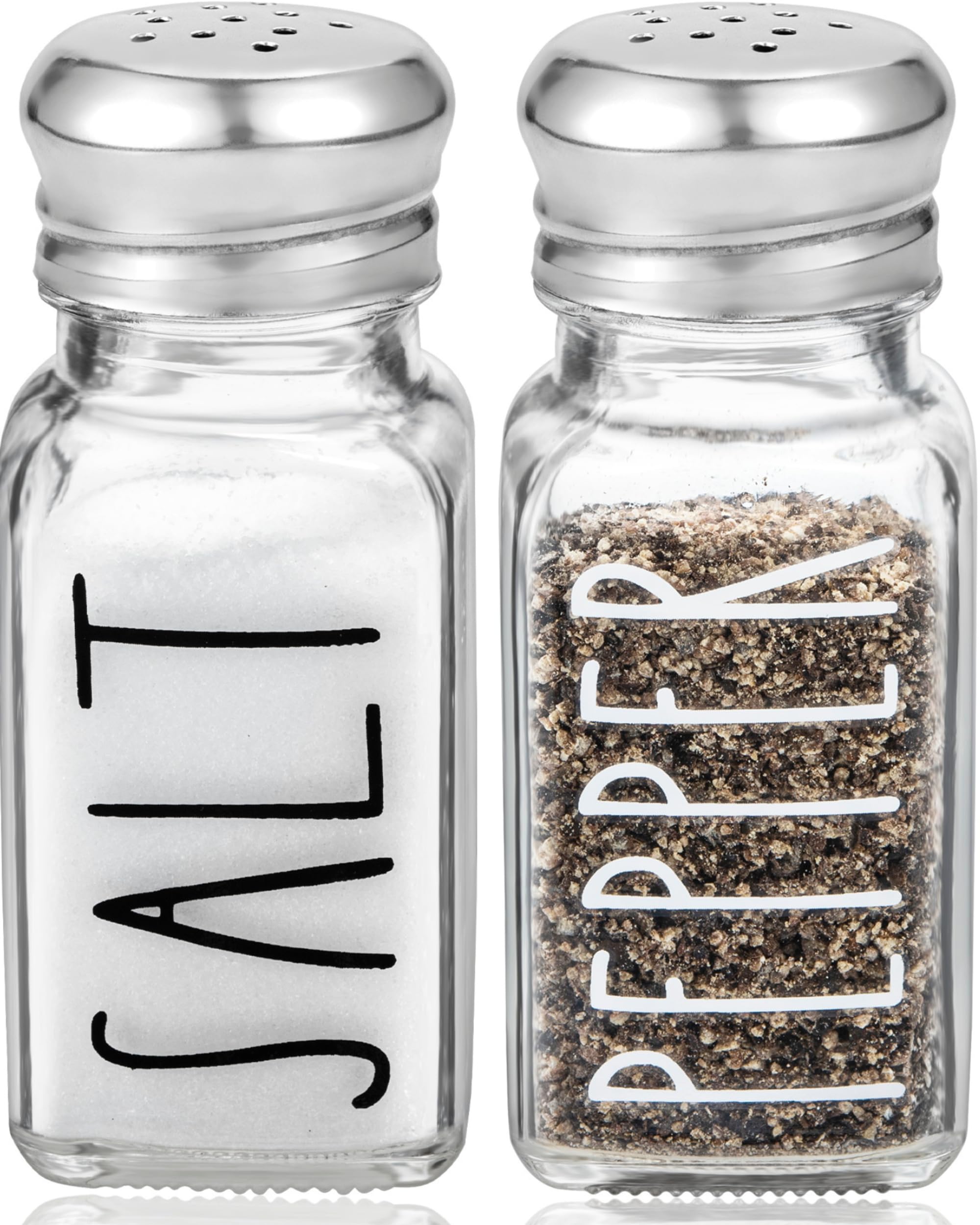 Premium Clear Glass Salt and Pepper Shakers Set with Stainless Steel Lids - Modern Farmhouse Kitchen Decor for Home, Restaurant, BBQ, Camping & RV - Elegant Dining Table Accessories for Everyday Use and Entertaining