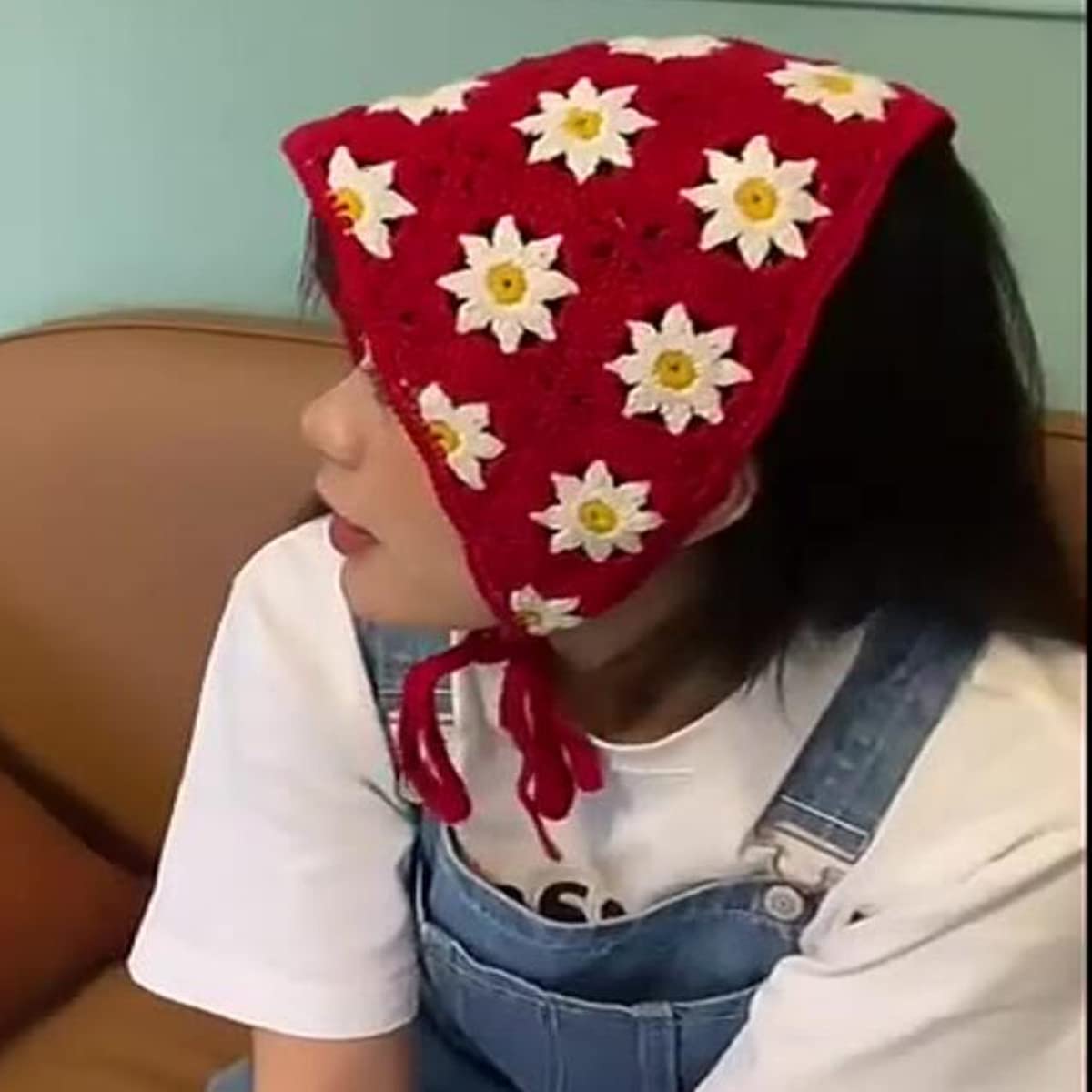 FZBNSRKO Crochet Kerchief Headwrap - Floral Knit Hair Scarf Bandana for Women & Girls, Red - Boho Chic Accessory for Summer, Beach, and Outdoor Activities