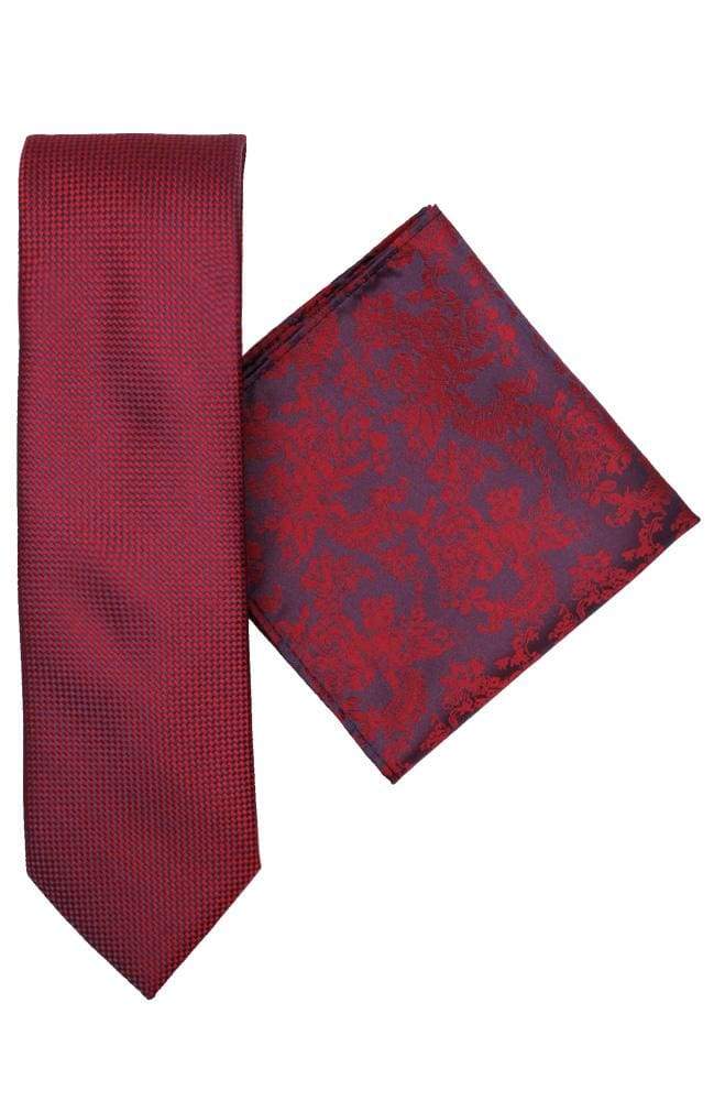 L.A. Smith Premium Polyester Red Floral Tie and Pocket Square Set - Elegant Formal Wear for Weddings, Parties & Business Events