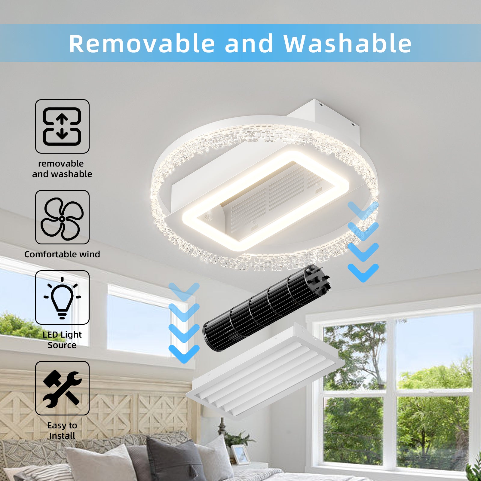 20 Inch Modern Leafless Ceiling Fan with Remote Control - Reversible Motor, Removable & Washable Blades - Perfect for Living Room, Bedroom, and Office Spaces