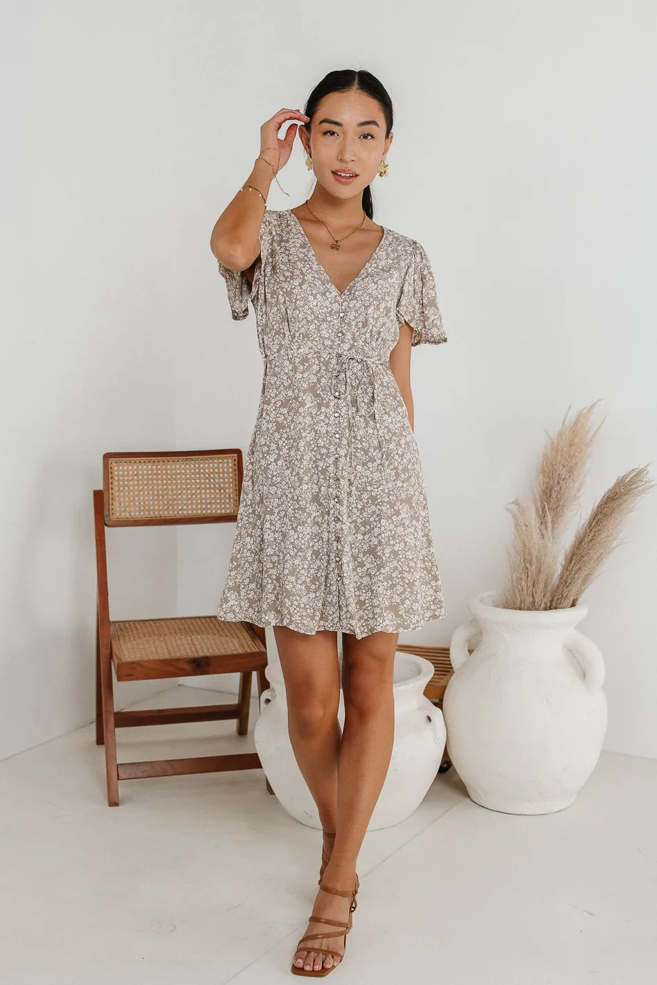 Abbie Floral Mini Dress in Taupe - Women's Summer Casual Short Sleeve Party Dress for Beach Vacation, Date Night & Outdoor Events (Final Sale)
