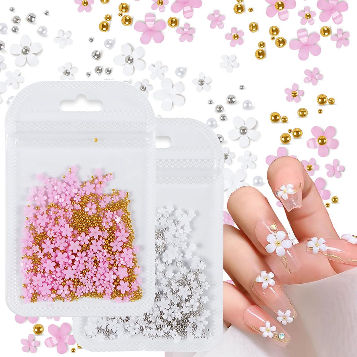 Gleevia 3D Colorful Flower Nail Charms with Gold & Silver Pearl Caviar Beads - Acrylic Nail Rhinestone Decorations for Women & Girls - Perfect for Nail Art, DIY Manicures, and Special Occasions (2 Bags)