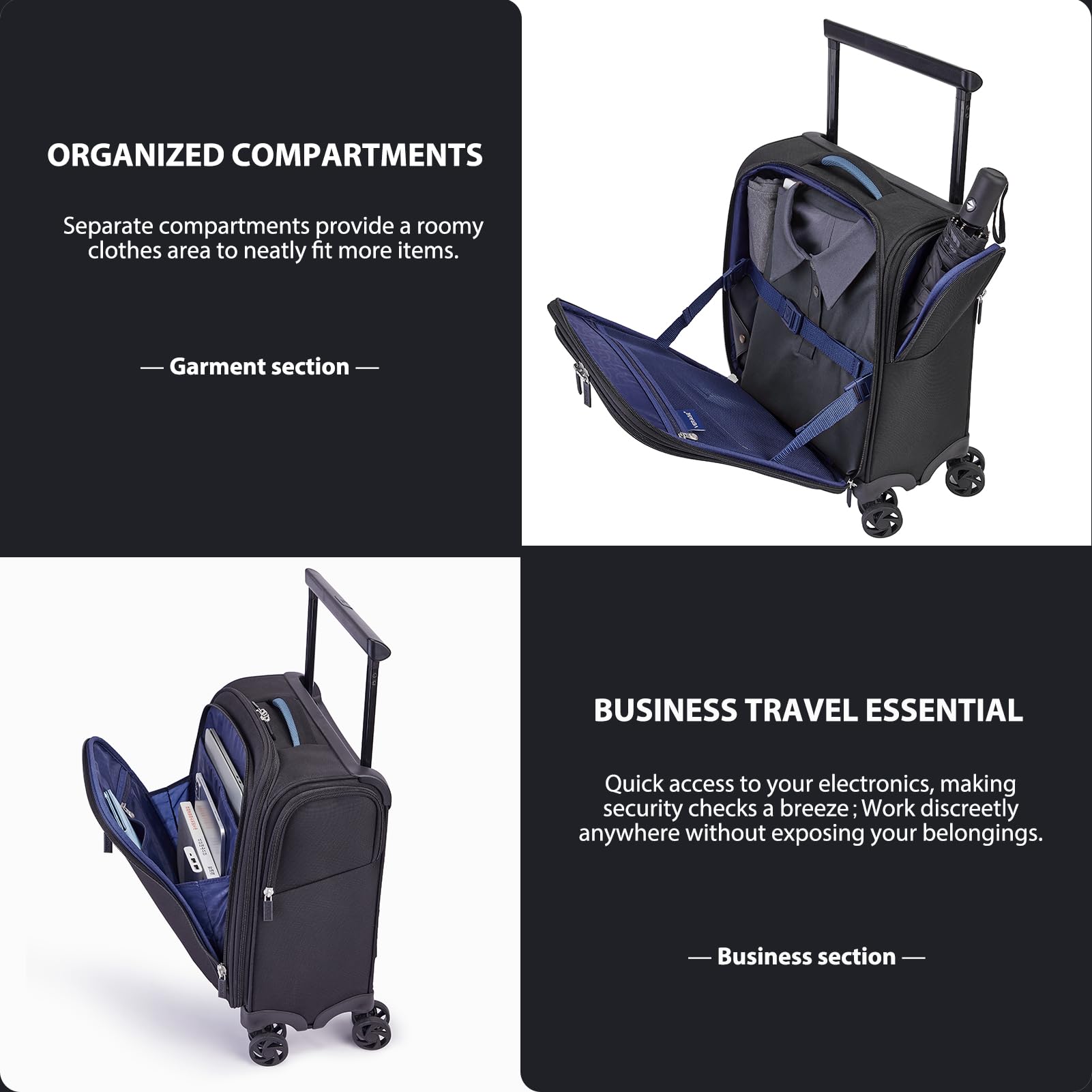 Vercase 15 Inch Underseat Spinner Carry On Luggage with Wheels - Black Travel Bag for Airplanes, Perfect Personal Item for Men & Women | Ideal for Business Trips & Weekend Getaways