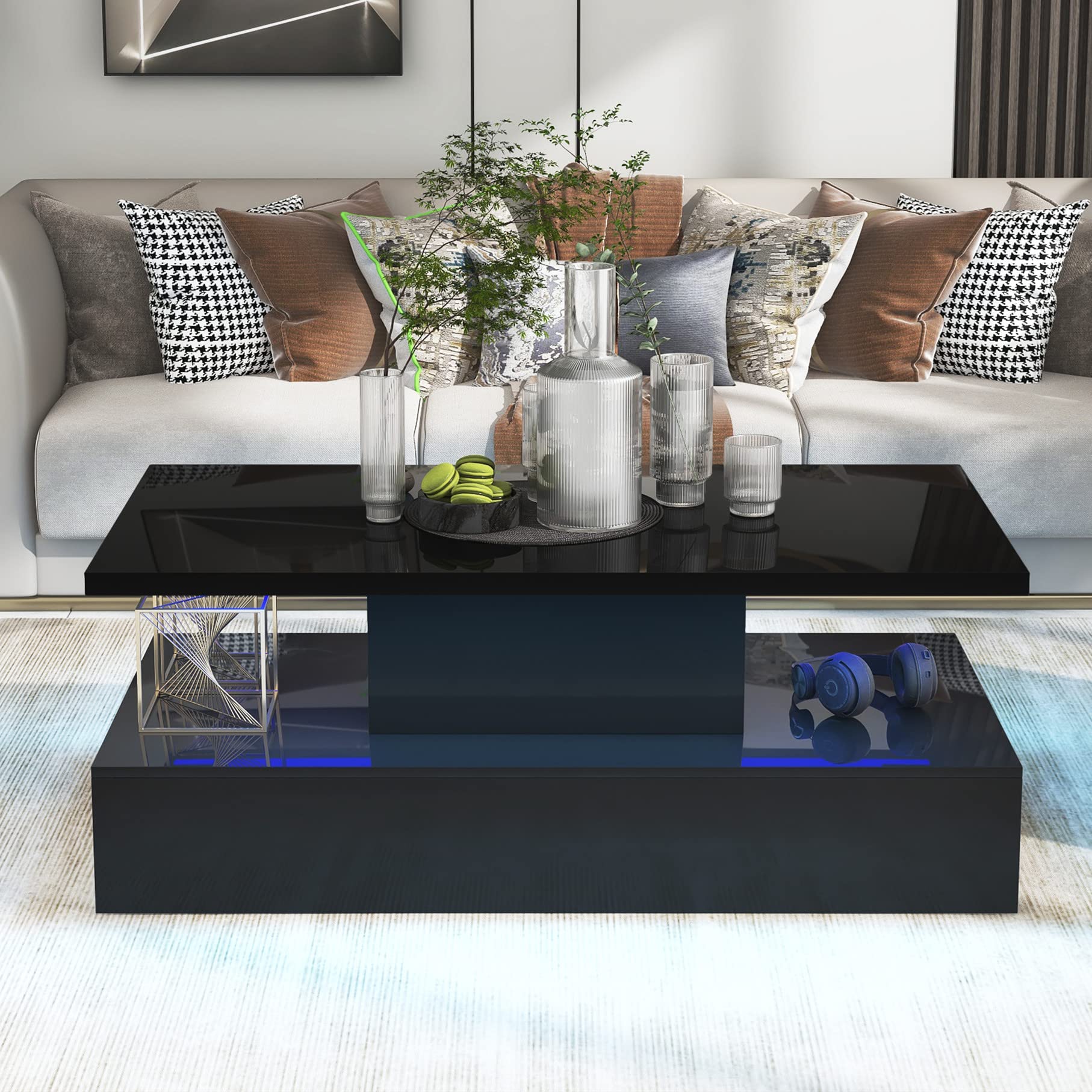 Modern LED Coffee Table - High Gloss Black Wood Cocktail Center Table with 16-Color RGB Lighting & Remote Control - Stylish Rectangle Living Room Furniture for Bedroom, Lounge & Entertainment Spaces