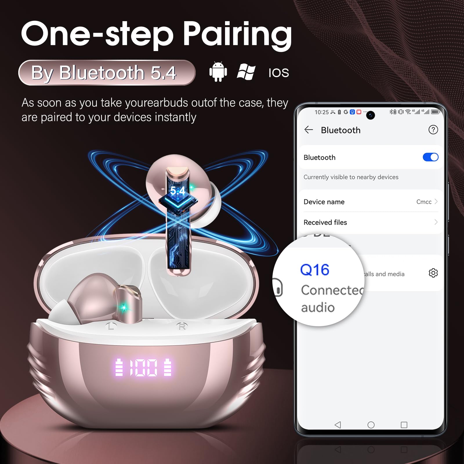 Premium Bluetooth 5.4 Earbuds with ENC Noise Cancelling & 48H Playback - IPX7 Waterproof Wireless Headphones for iOS/Android (Rose Gold) - Perfect for Gym & Commuting