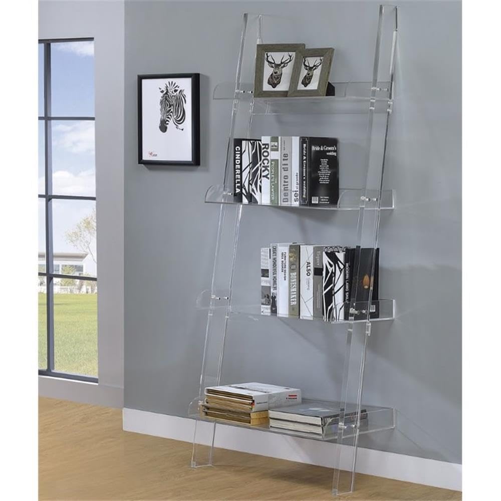 BOWERY HILL Modern 4-Shelf Clear Acrylic Ladder Bookcase - Stylish Storage for Living Room, Bedroom & Office - Display Books, Decor & Essentials