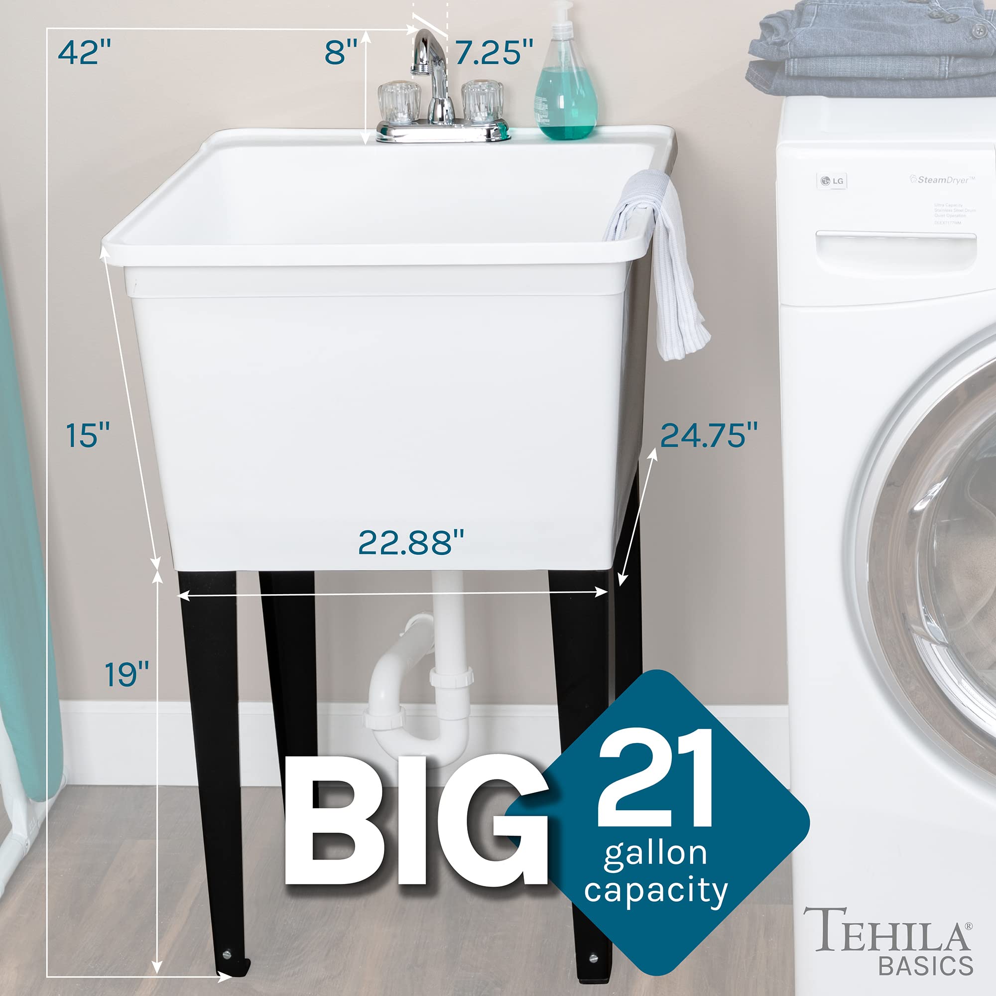 Tehila Basics 21-Gallon White Utility Sink with Chrome Faucet - Heavy Duty Plastic Laundry Tub, Adjustable Legs - Perfect for Laundry Rooms, Garages & Basements