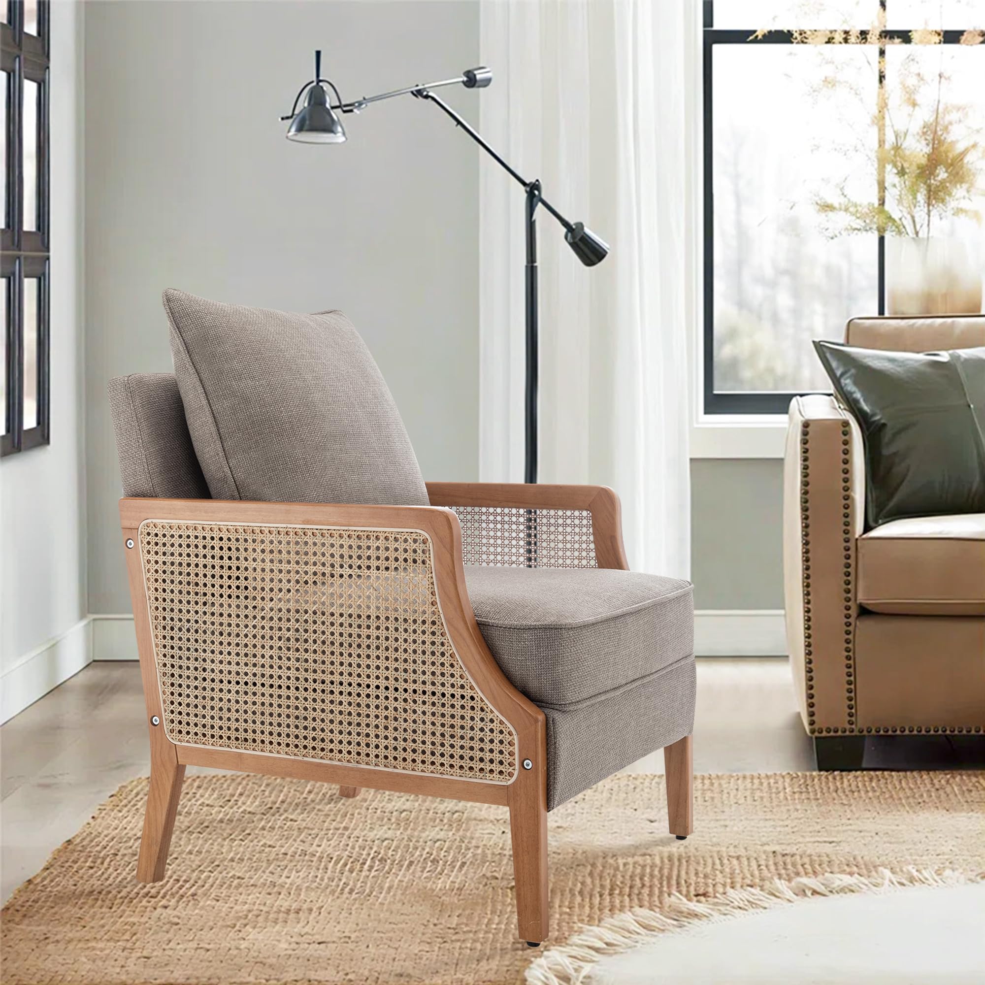 HAOBO Mid Century Modern Accent Chair - Upholstered Living Room Armchair with Rattan Armrest & Wood Frame - Comfortable Lounge Chair with Waist Cushion - Perfect for Reading Nook, Living Room Decor & Cozy Sitting Area