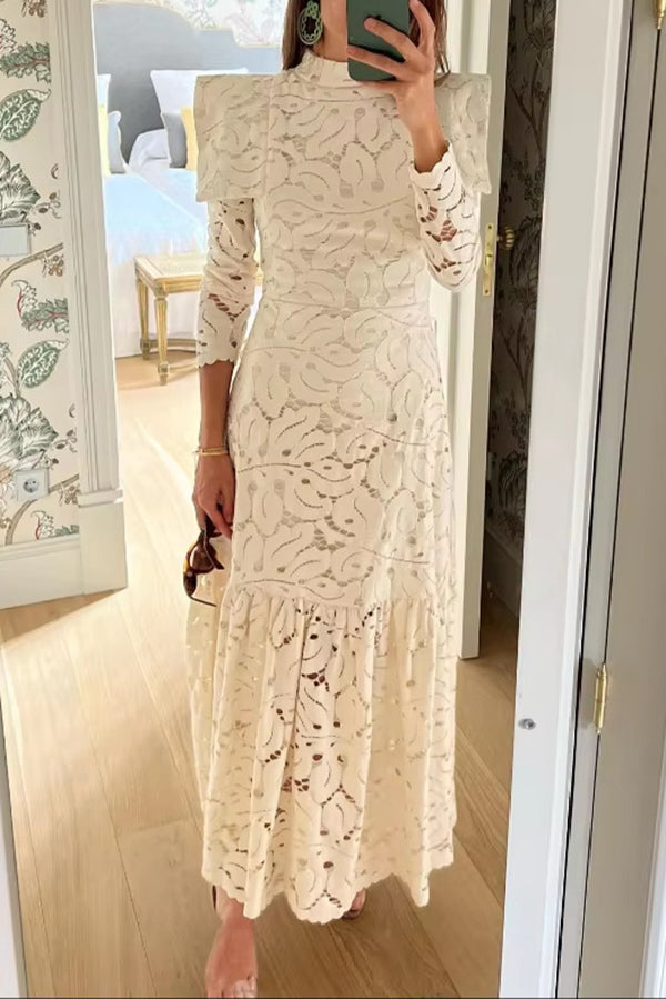 Elegant Solid Color Hollow Lace High Neck Long Sleeve Maxi Dress for Women - Perfect for Weddings, Parties & Special Occasions