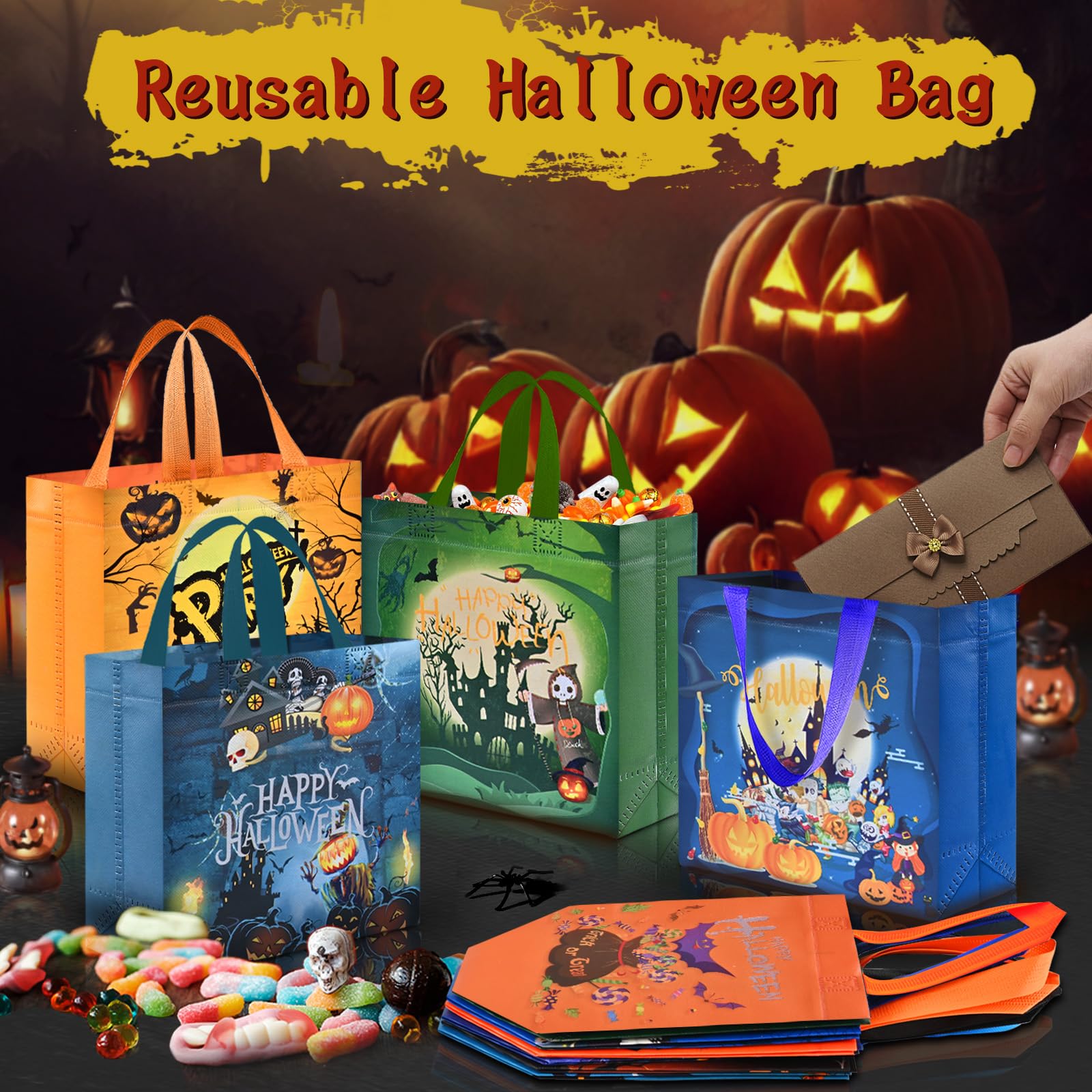 AhfuLife 8 Pack Halloween Trick or Treat Bags - Reusable Non-Woven Candy Tote Bags with Handles for Kids Party Favors & Halloween Supplies (7.8x7.8x3.1 Inches) - Perfect for Trick-or-Treating, Classroom Parties & Halloween Goodie Bags