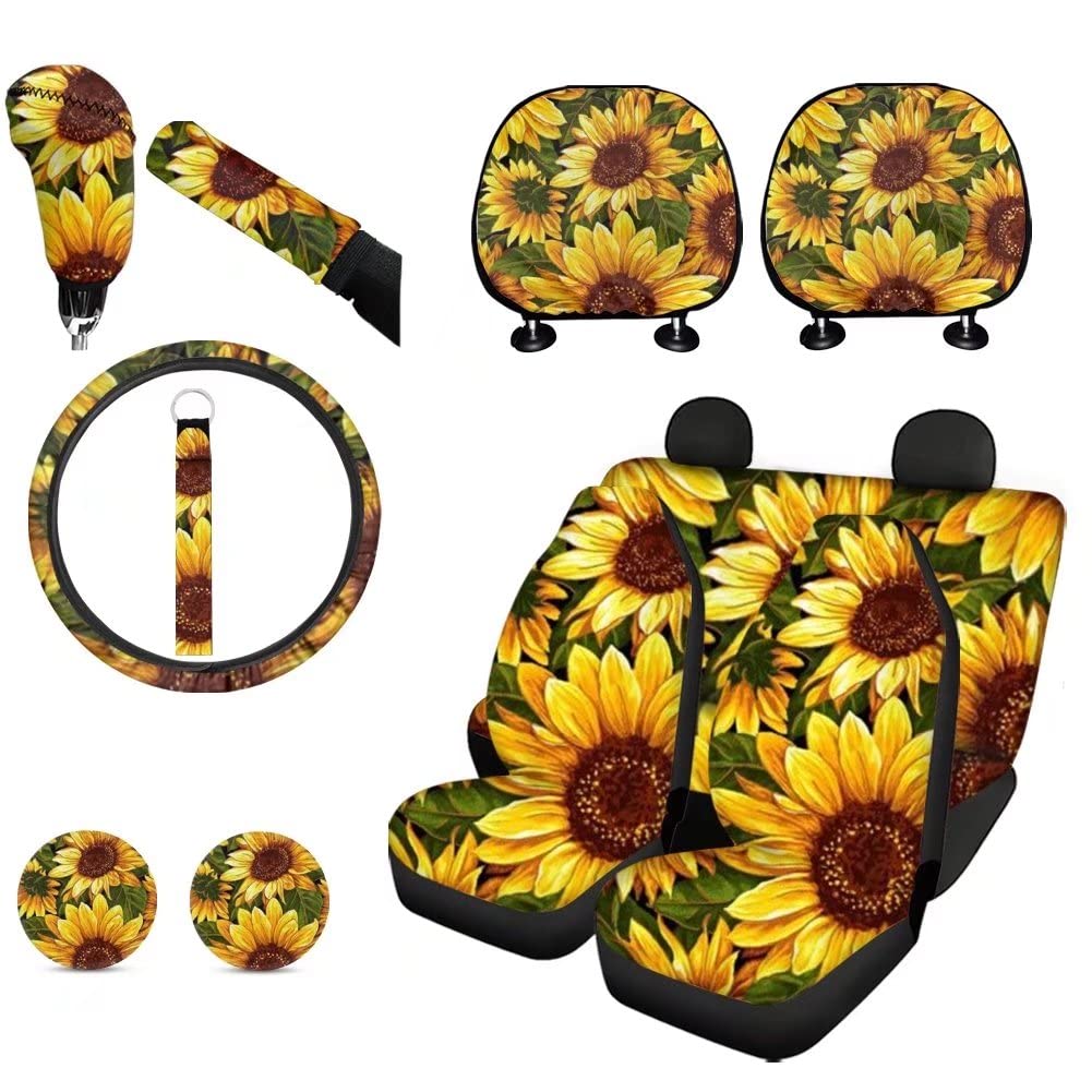 TWIKVASTA Car Seat Covers Set - Sunflower Print Steering Wheel Cover, Headrest Covers, Cup Holder Coasters & Shift Knob Cover | Universal Fit for Most Cars | Perfect for Road Trips, Daily Commute & Car Interior Protection