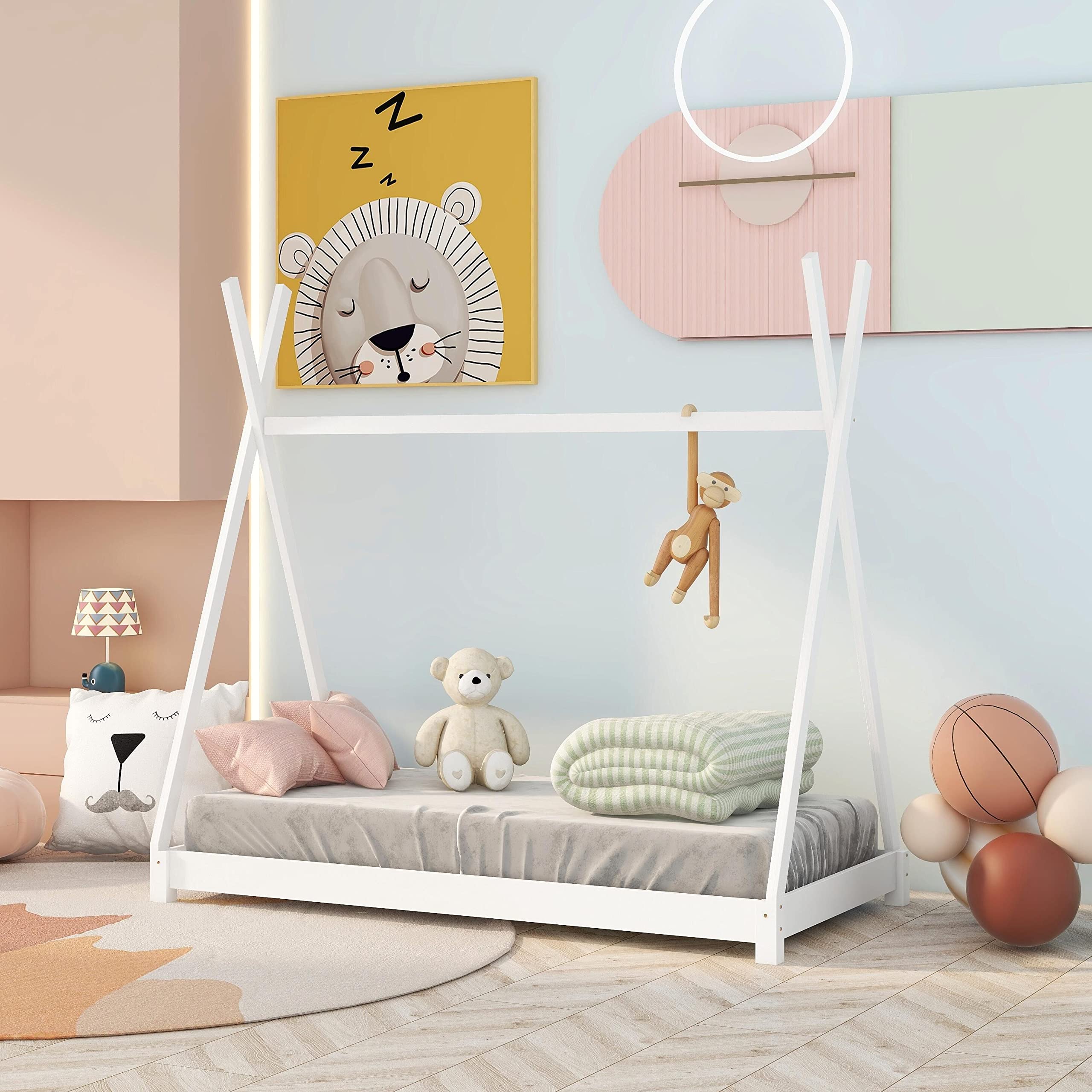 MERITLINE Twin Size Kids House Bed - Playhouse Wood Floor Bed Frame with Tent for Boys & Girls, White - Perfect for Bedrooms, Playrooms & Sleepovers