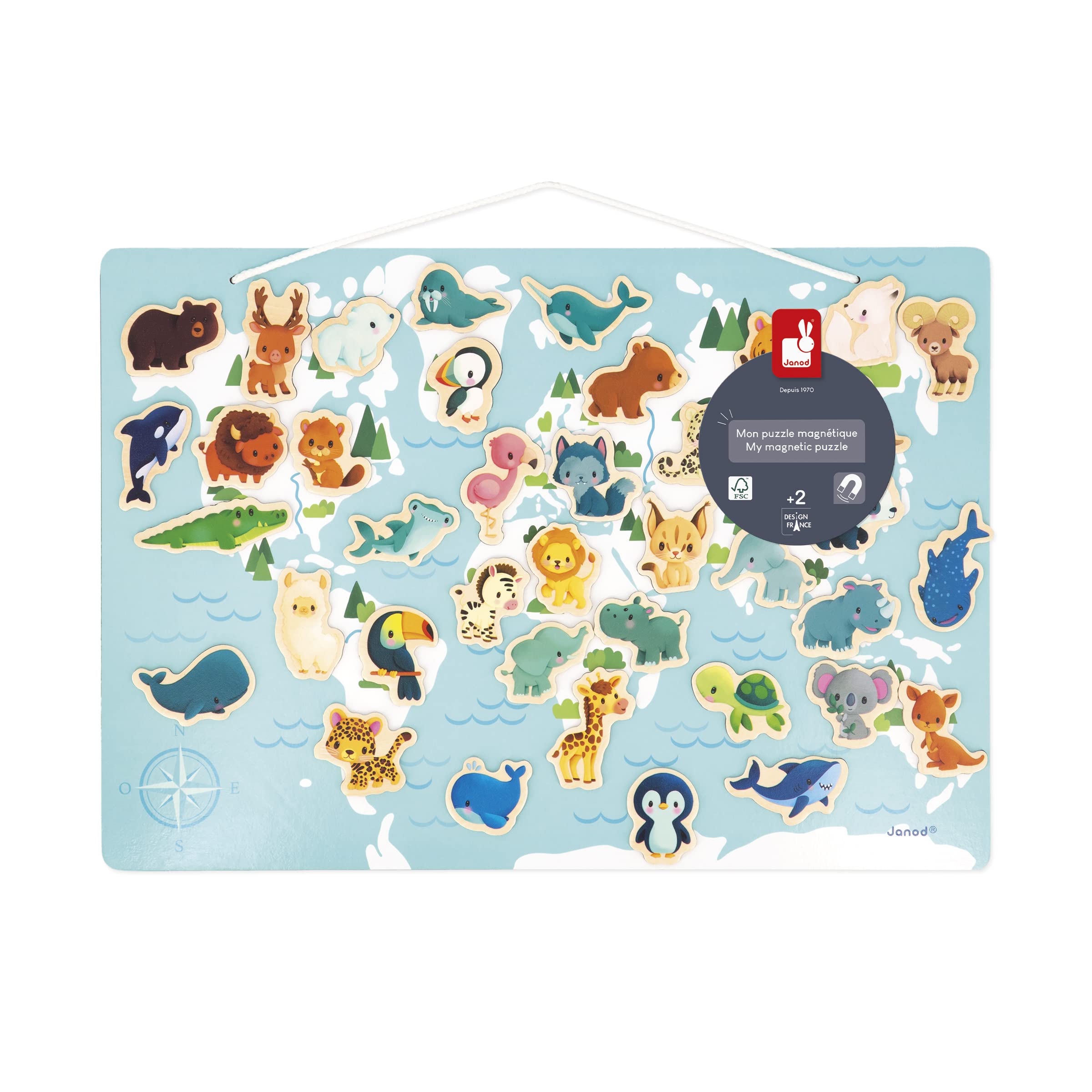 Janod Magnetic World Puzzle for Kids - 40 FSC Certified Wooden Magnets, 1 Poster, Animal Magnets - Educational Toy for 24 Months & Up (J05468) - Perfect for Travel, Preschool Learning & Home Play