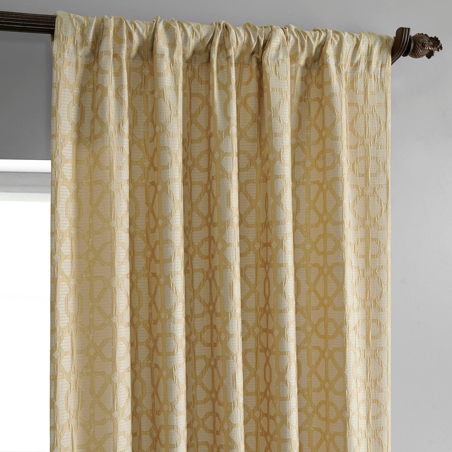 Metro Gold Geometric Faux Silk Jacquard Blackout Curtains for Bedroom & Living Room - Elegant Light Blocking Window Treatment for Home Decor