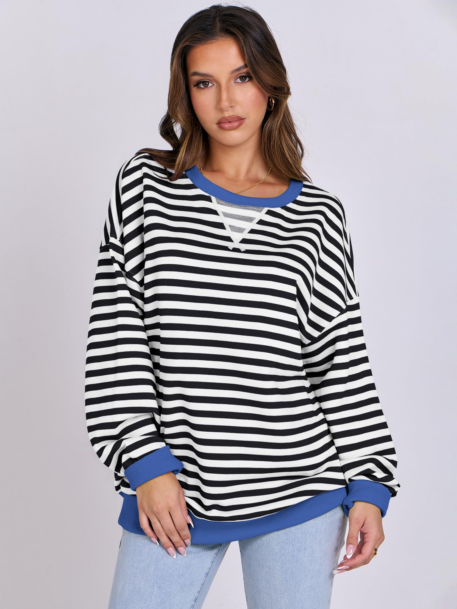 ANRABESS Women's Striped Oversized Sweatshirt - Long Sleeve Crewneck Pullover Sweater | Trendy Fall Fashion 2025 | Casual Outfit for Streetwear, Lounge & Coffee Dates