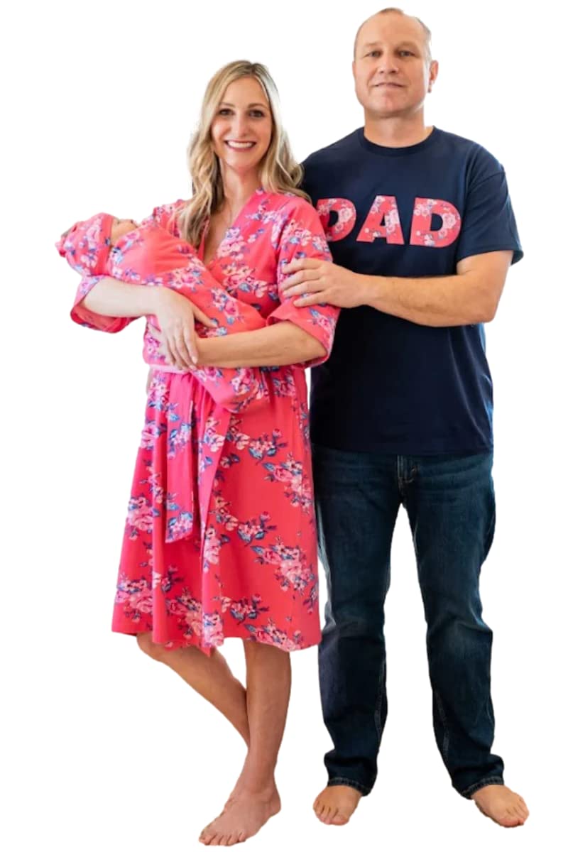 Baby Be Mine Maternity nursing robe & baby girl swaddle blanket set with daddy t-shirt - Soft delivery gown for breastfeeding moms & newborn essentials - Perfect for hospital stay, postpartum recovery and family photo shoots