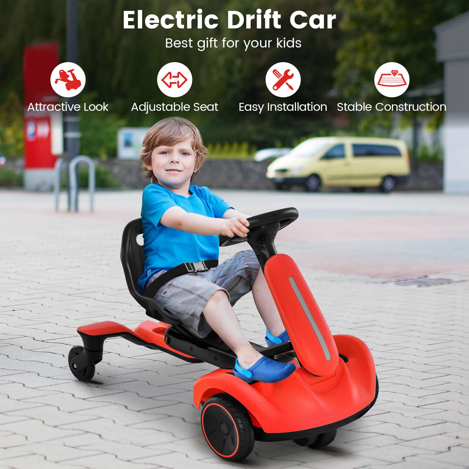 Costzon 6V Electric Ride-On Drift Car for Kids 3+ Years - 360° Spin, Adjustable Seat, 2.6-3 MPH Speed with Horn & Engine Sounds - Red Kids Drifting Go Kart Toy for Indoor & Outdoor Play