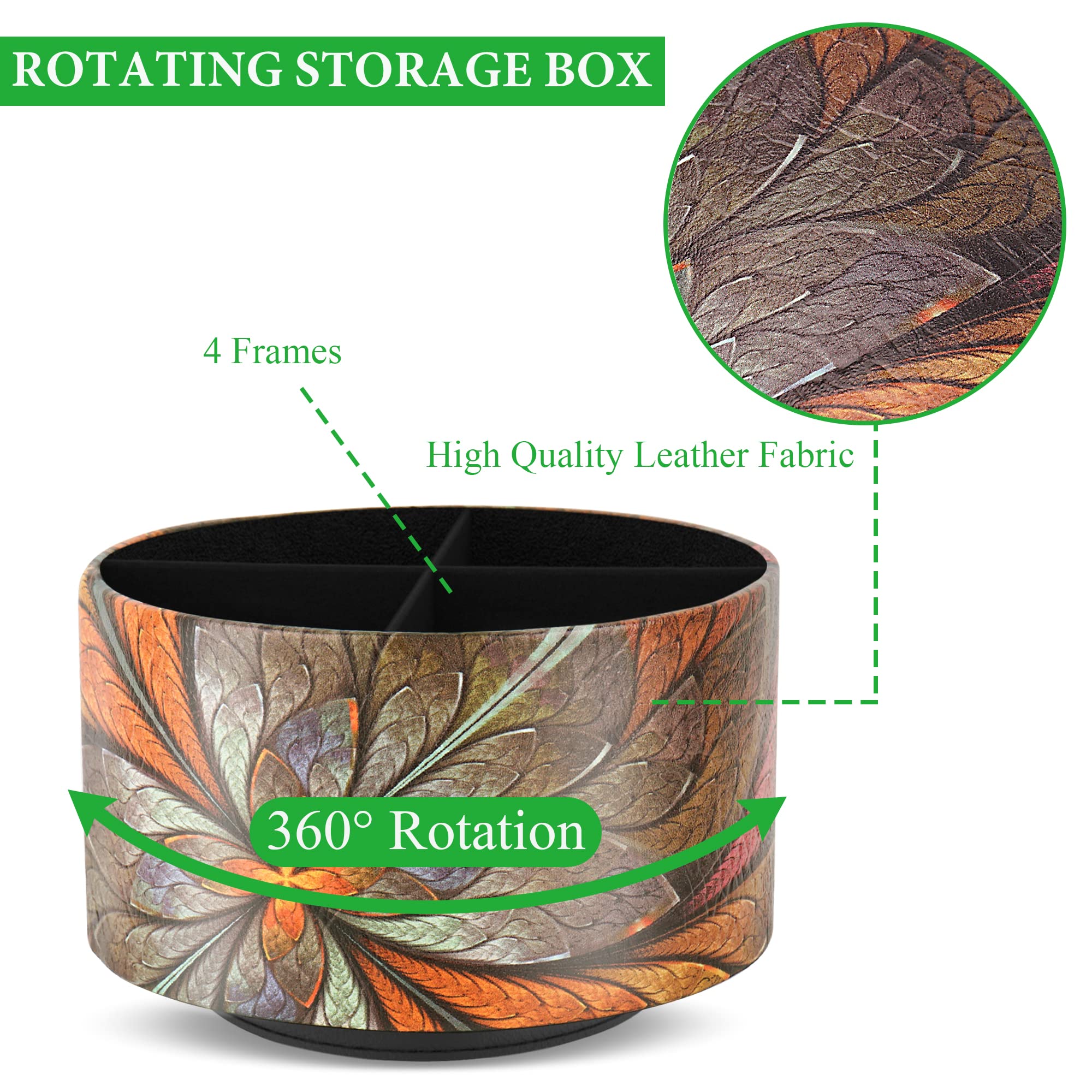 360° Rotating Round Leather Desk Organizer - Multi-Functional Pencil Holder with 4 Compartments for Art Supplies, Remote Controls & Stationery (Orange Flower Pattern) | Perfect for Home Office, Study Desk & Craft Room Organization