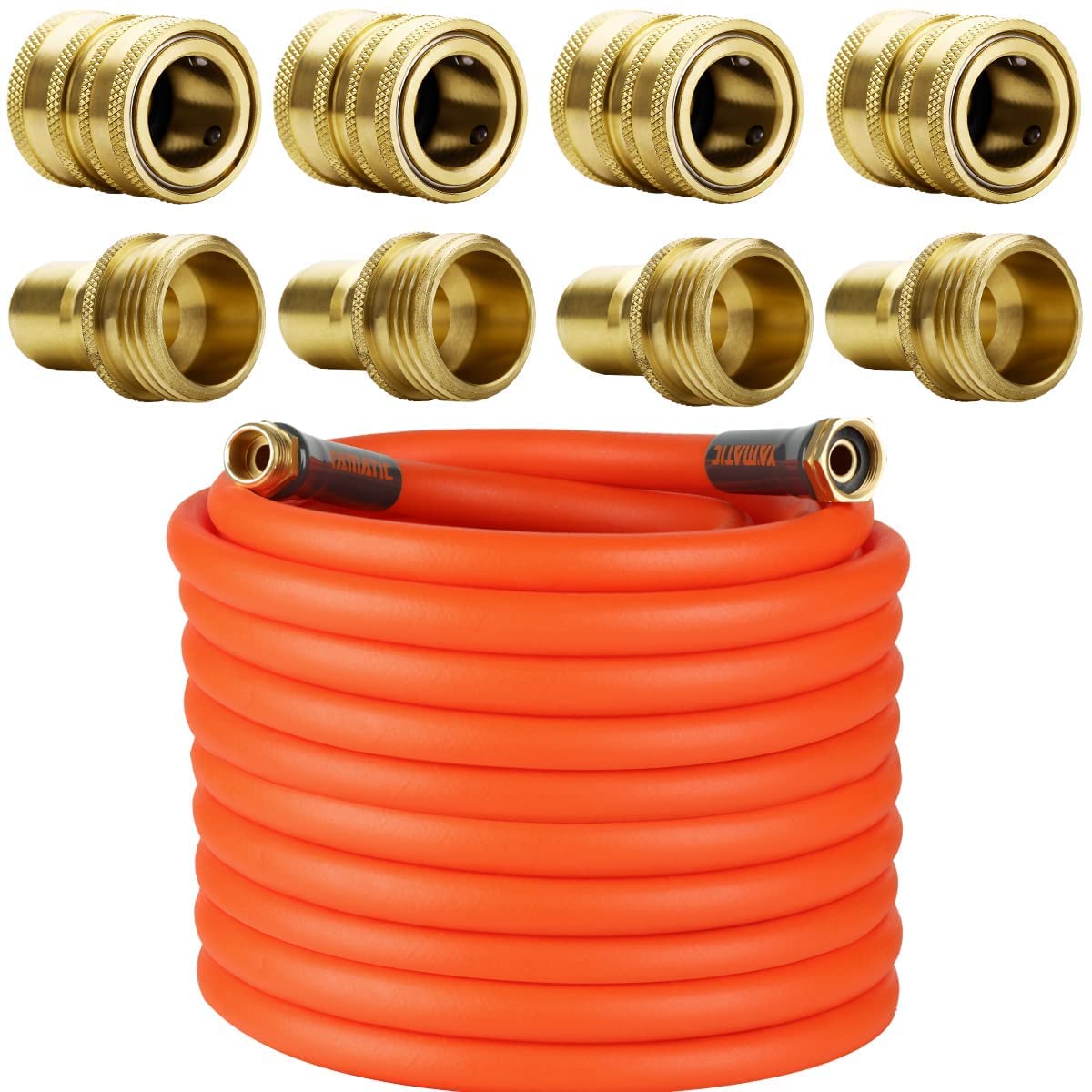 YAMATIC 5/8 Inch x 100 Feet Ultra Flexible Garden Hose with Solid Brass Quick Connect Set - Heavy Duty Water Hose for Lawn, Yard, Car Washing, and Outdoor Watering