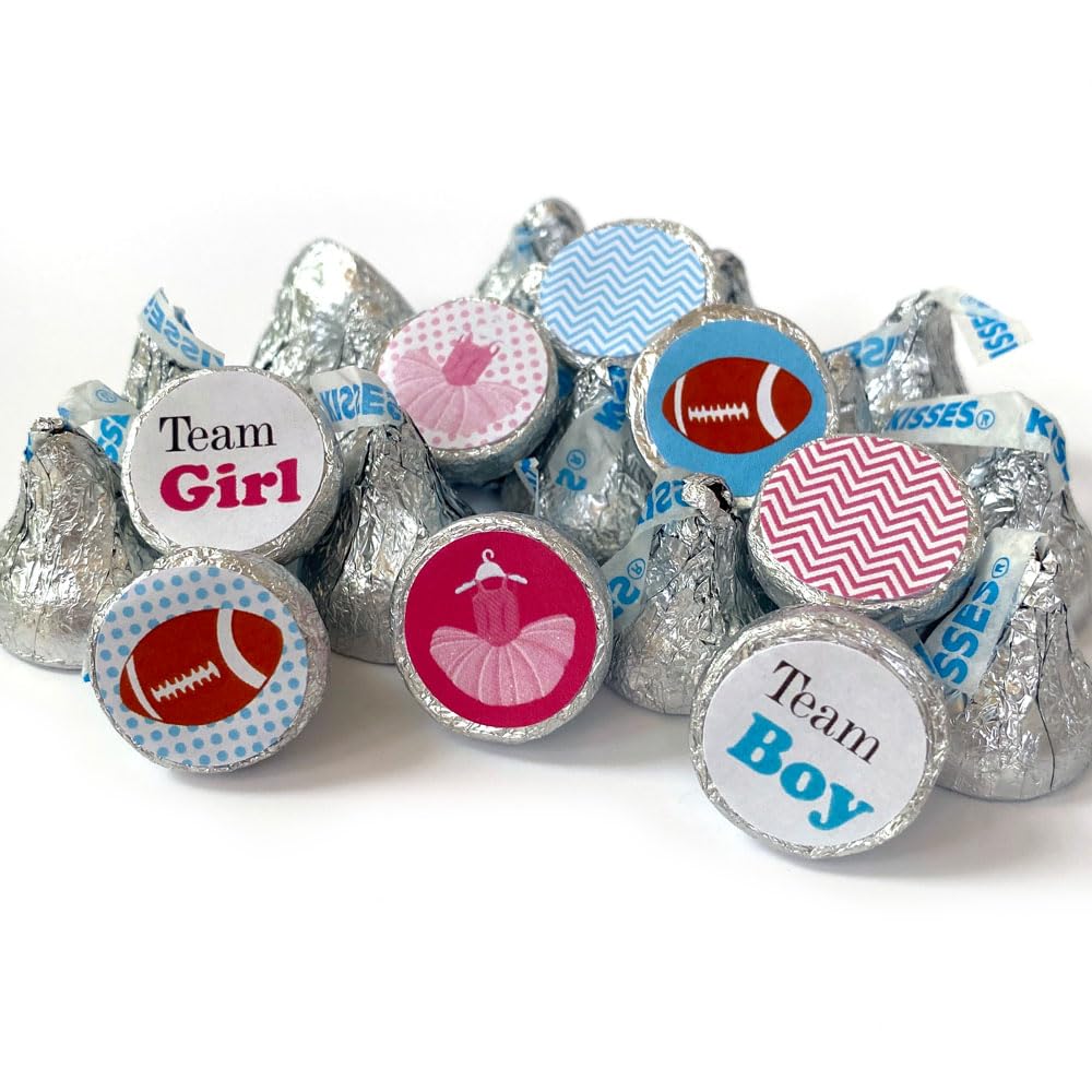 Adore By Nat Gender Reveal Candy Stickers - 240-Pack Tutu & Football Labels for HERSHEY'S KISSES - Perfect for Baby Shower Party Decorations & Gender Announcement Events