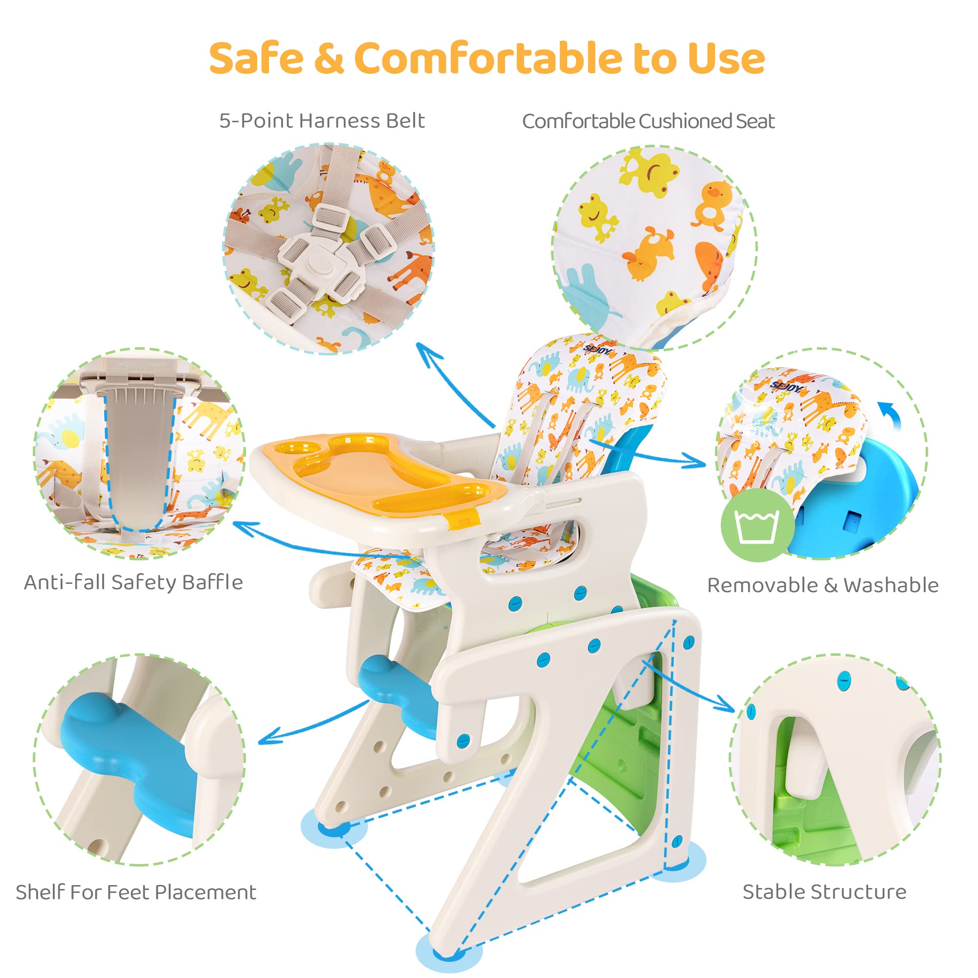 Adjustable Baby High Chair with Detachable Cushion & Double Removable Trays - Safe Toddler Feeding Seat for Infants 6-36 Months - Easy Clean Green Highchair for Home, Restaurant & Daycare Use