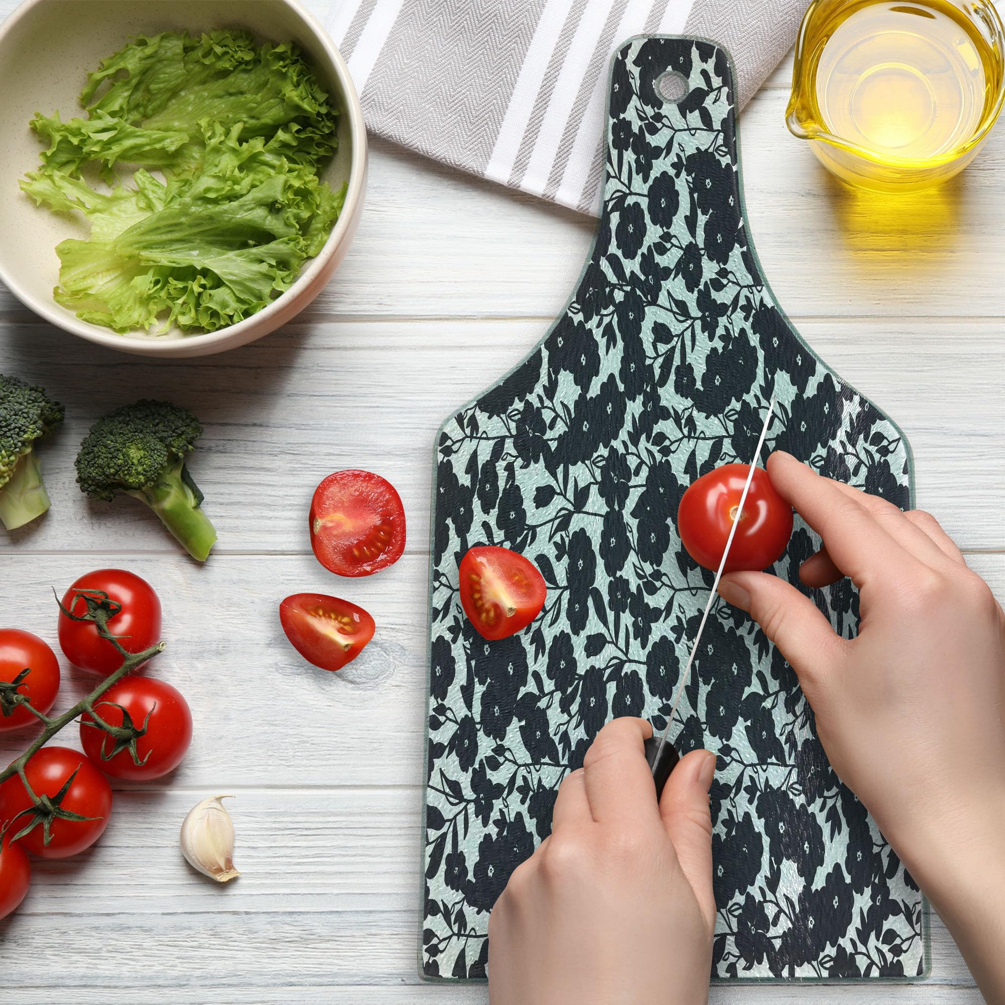 Ambesonne Floral Tempered Glass Cutting Board - Dark Charcoal Gardening Flowers Leaves Swirls Modern Art Print - Wine Bottle Shaped Serving Board in Navy Blue & White - Perfect for Cheese Charcuterie, Wine Pairing & Kitchen Decor