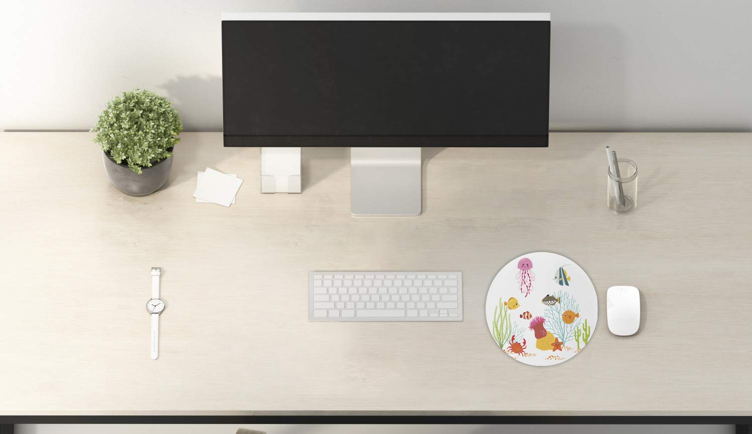 Ambesonne Ocean Themed Non-Slip Gaming Mouse Pad - 8 Inch Round Thick Rubber Mousepad with Cheerful Underwater Cartoon Design (Fish, Jellyfish, Coral) for Computer & Laptop - Perfect for Office, Gaming & Home Workspace Decor