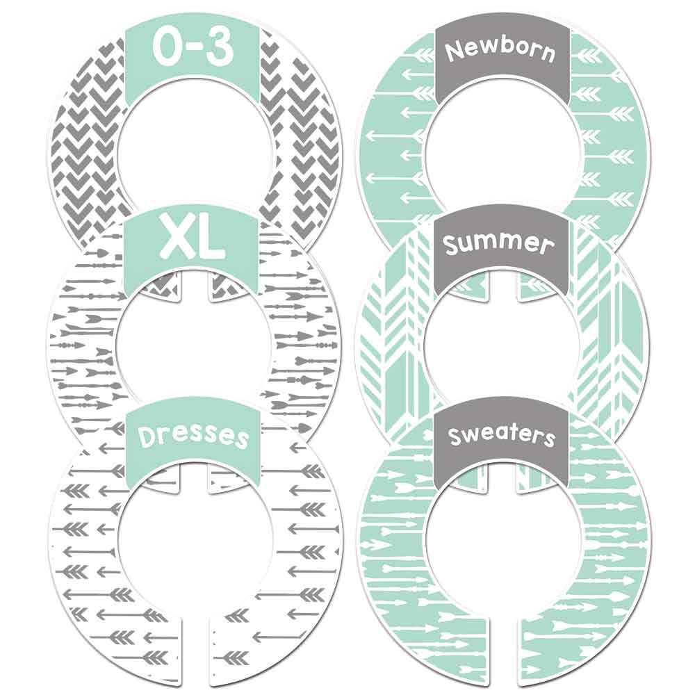 6-Pack Nursery Closet Rod Dividers for Baby & Adult Clothes - Mint Gray Arrow Hangers - Perfect for Organizing Kids' Room, Nursery, or Shared Closet Spaces