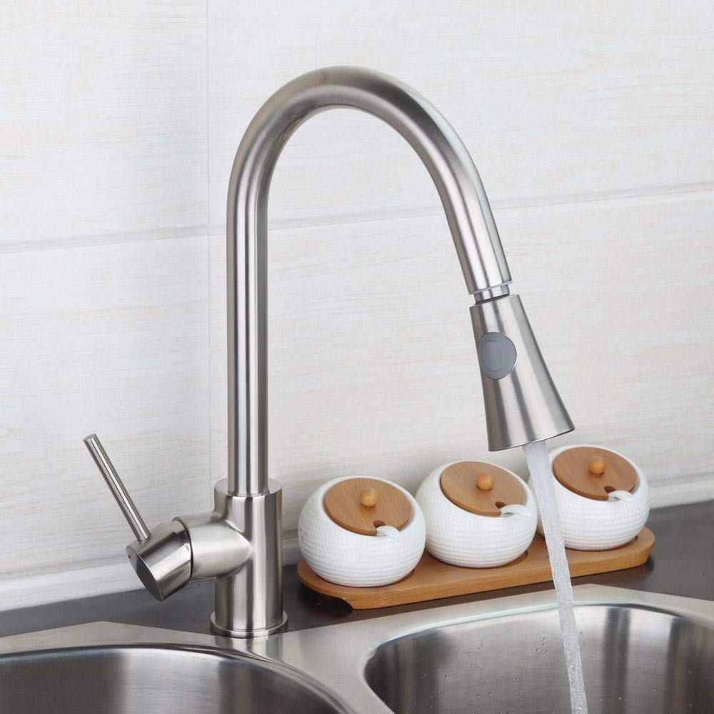 Brushed Nickel Solid Brass Kitchen Faucet with Pull-Out Sprayer - Deck Mounted Single Handle Sink Mixer Tap for Modern Home Kitchen Renovation | Durable & Stylish Design for Cooking & Dishwashing
