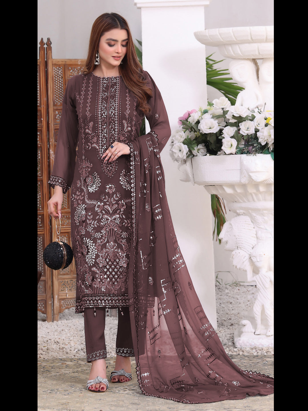 Elegant Brown Georgette Semi-Stitched Pant Suit with Exquisite Embroidery - Perfect for Weddings, Parties & Formal Events