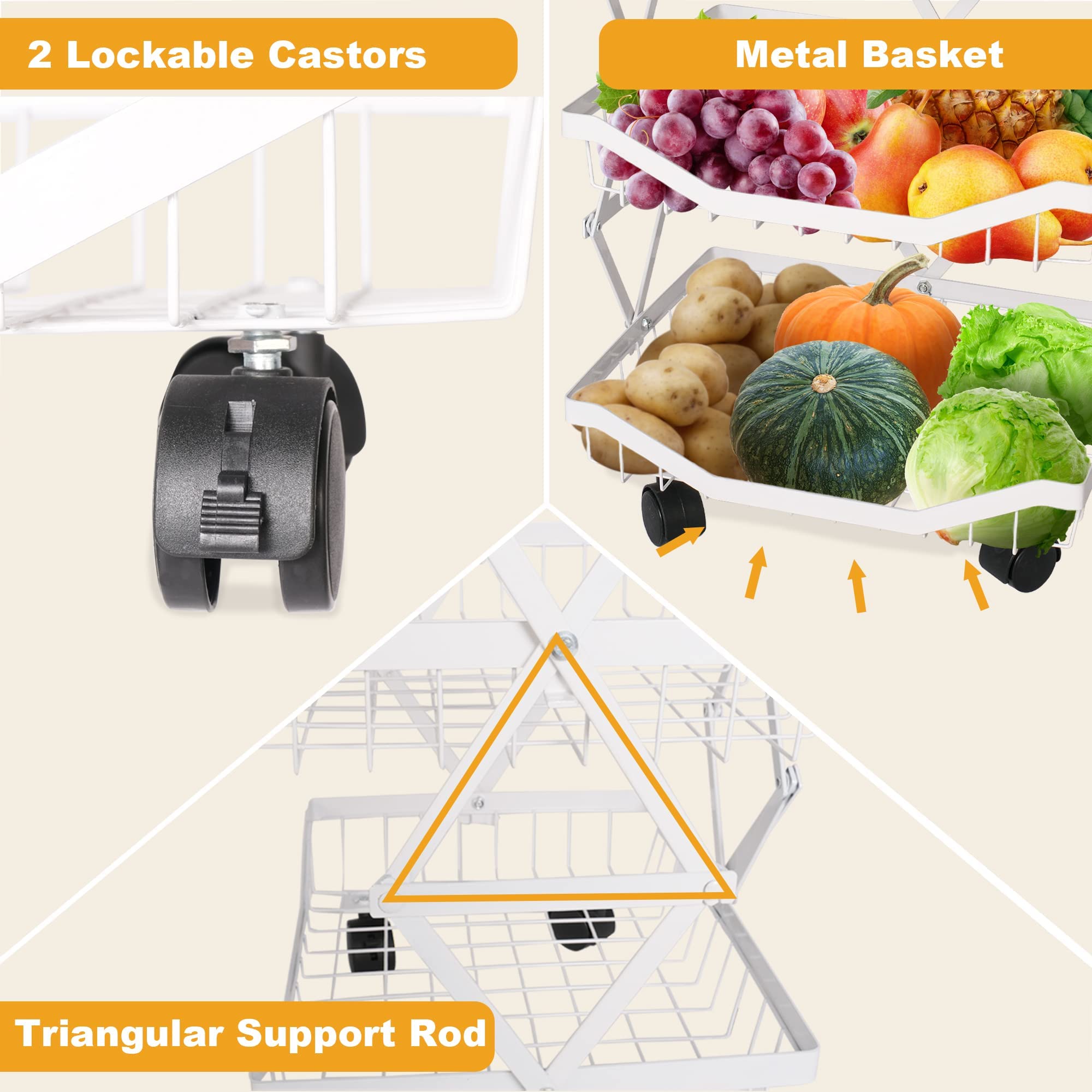 3-Tier Metal Wire Fruit Basket Organizer with Wheels - Foldable Kitchen Storage for Fruits & Vegetables - White - Perfect for Kitchen, Bathroom, Living Room & Bedroom Organization