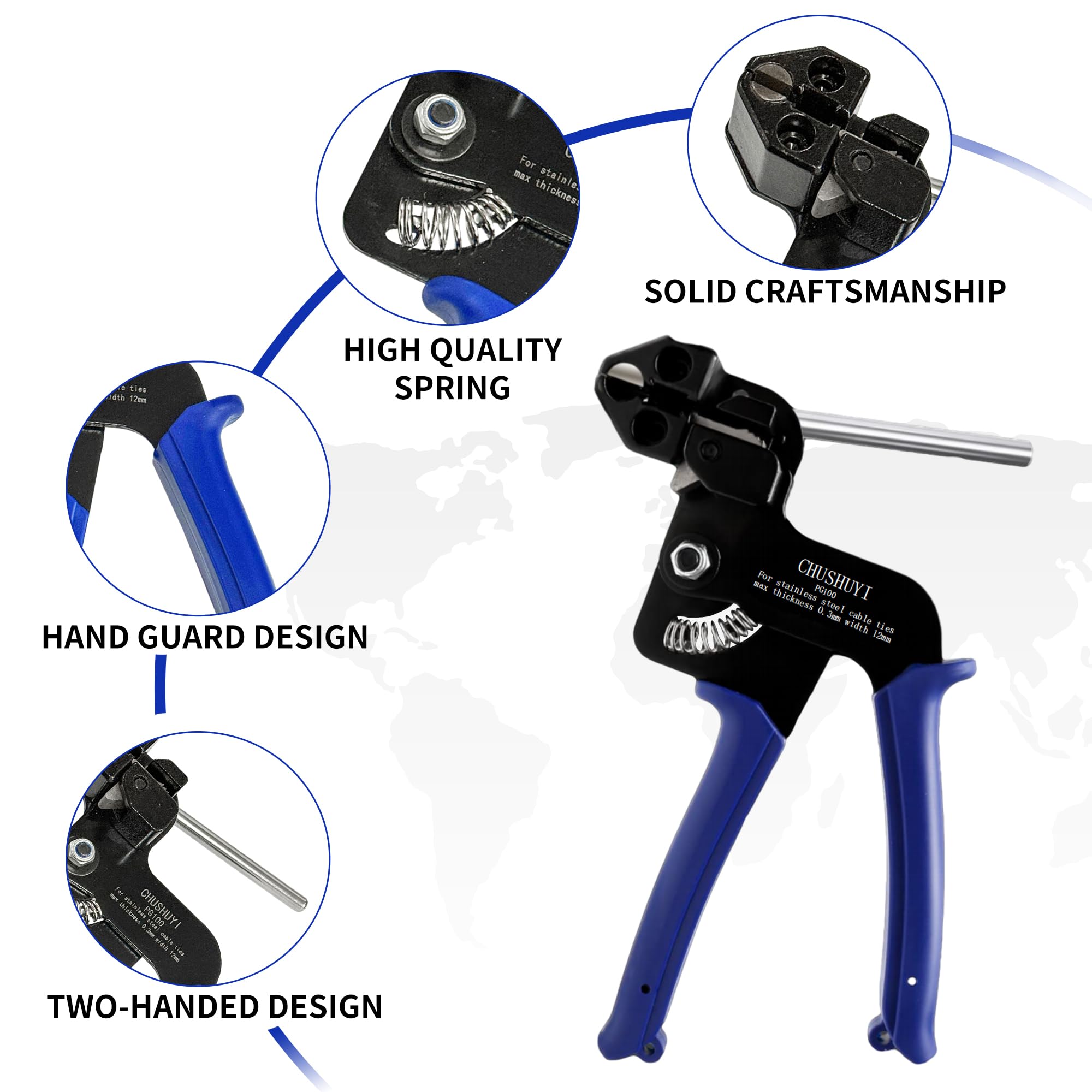 Heavy Duty Stainless Steel Zip Tie Gun Kit - Adjustable Metal Cable Tie Tool with Self-Locking Fastening & Cutting Function - Includes 100pcs CHUSHUYI Steel Zip Ties - Perfect for Outdoor, Industrial, Automotive, and Electrical Wiring Applications