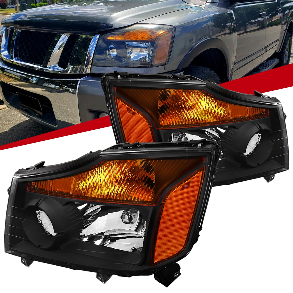 04-15 Nissan Titan & 04-07 Nissan Armada Black Headlights Pair - Durable LED Replacement Lamps for Off-Road & Night Driving