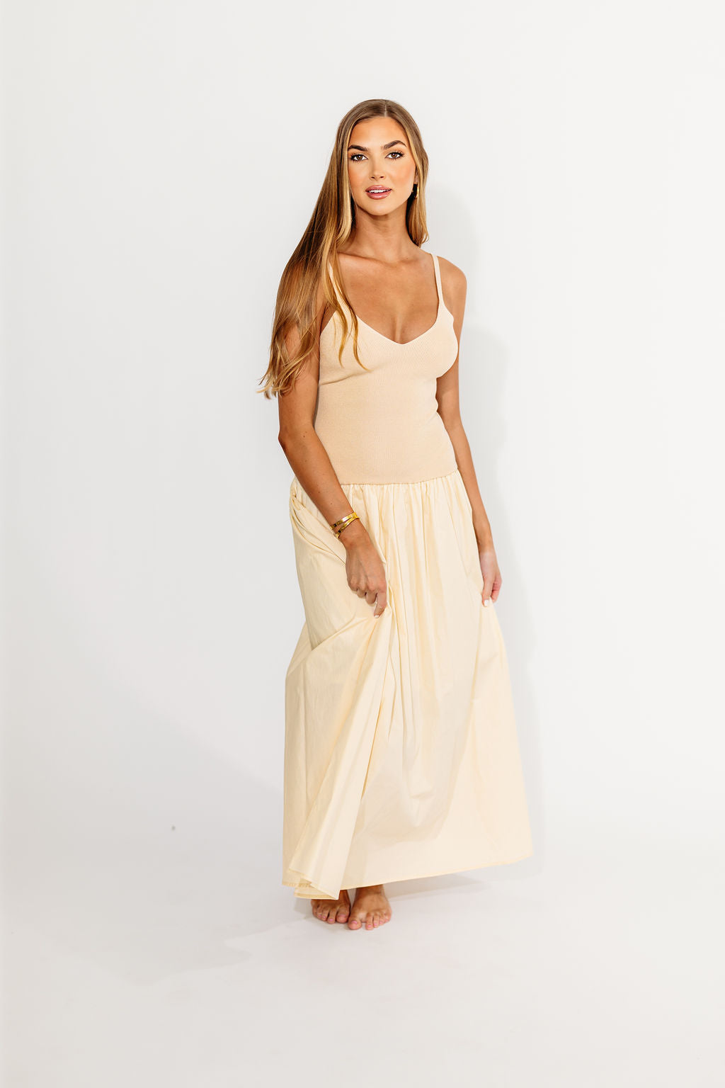 Gaby V Neck Mixed Media Maxi Dress in Cream - Elegant Flowy Long Dress for Women, Perfect for Weddings, Parties & Special Occasions
