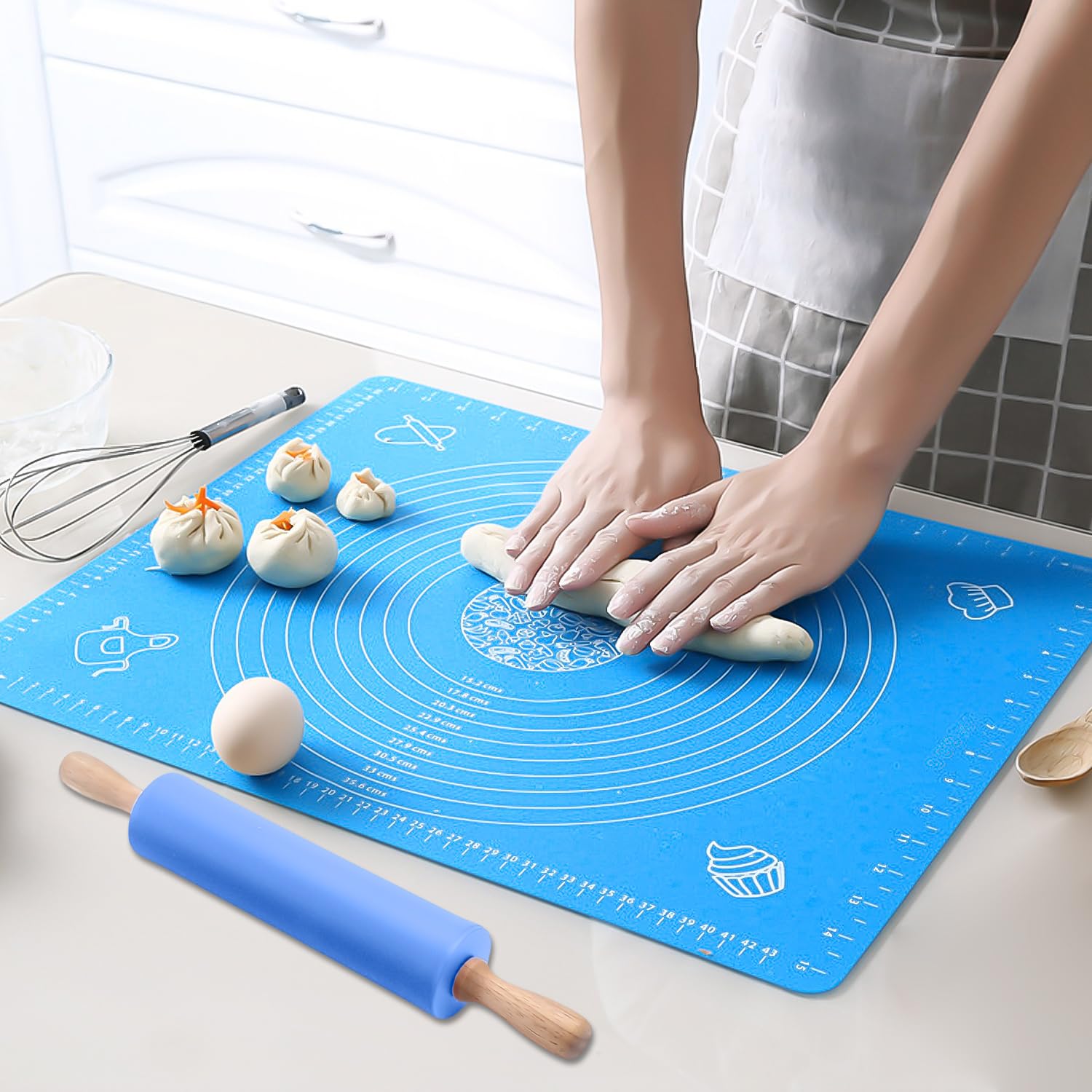 1 Non-Stick Rolling Pin for Baking, 1 Silicone Mat, Wooden Rolling Pin, Silicone Rolling Pin, Dough Roller - Perfect for Cookies, Pastry, and Pie Crusts (Blue)