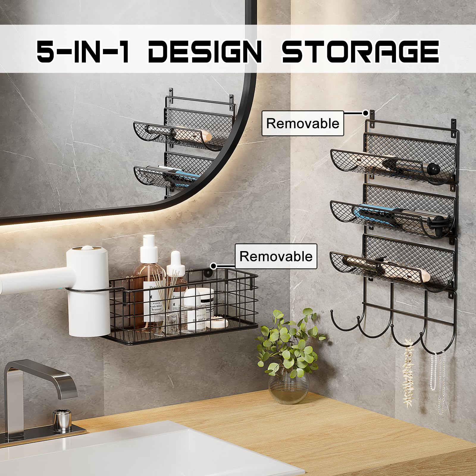 Wall-Mounted Hair Dryer Holder & Styling Tool Organizer - 4-Tier Heat Resistant Storage Rack with Hooks for Hair Straighteners, Curling Wands, Flat Irons & Beauty Products - Perfect for Bathroom, Kitchen & Cabinet Door Organization (Space Saving Solution)