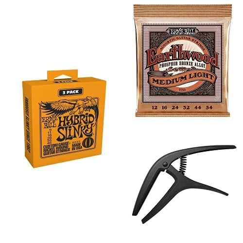 Ernie Ball Hybrid Slinky Electric Guitar Strings 3-Pack & Earthwood Phosphor Bronze Acoustic Strings with Black Satin Axis Capo - Perfect for Live Performances, Studio Recording & Guitar Maintenance