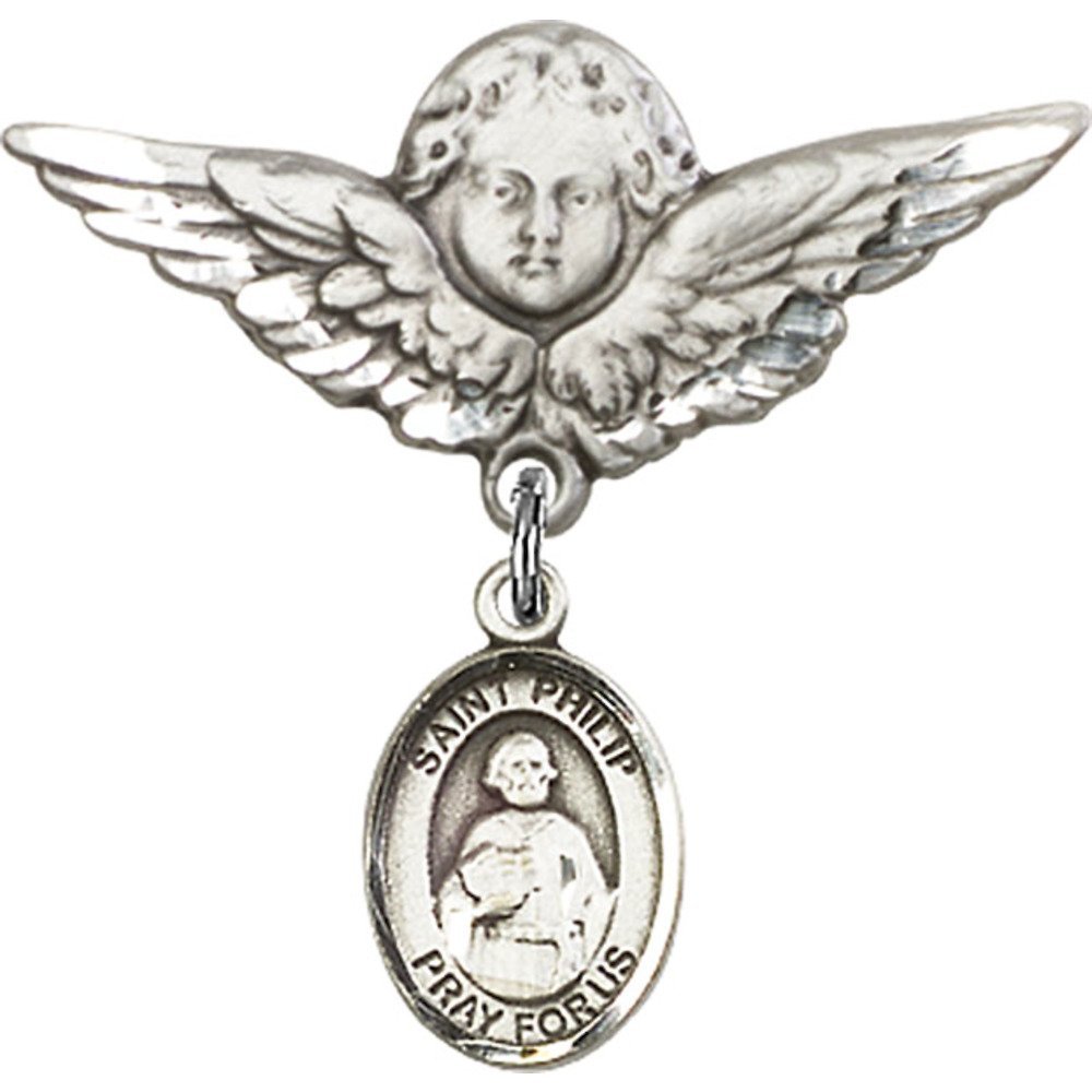 Sterling Silver Baby Badge Pin - St. Philip the Apostle Charm & Angel Wing Pendant for Christening, Baptism, First Communion Gifts & Religious Jewelry Collection