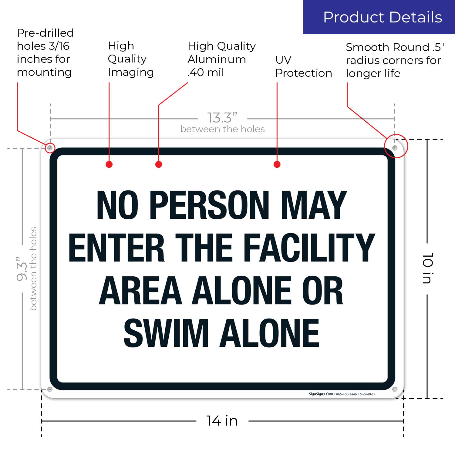 No Person May Enter or Swim Alone Sign - 10x14 Inch Rust-Free Aluminum Pool Facility Warning Sign - Fade Resistant for Indoor/Outdoor Use - Made in USA - Perfect for Swimming Pools, Water Parks & Restricted Areas