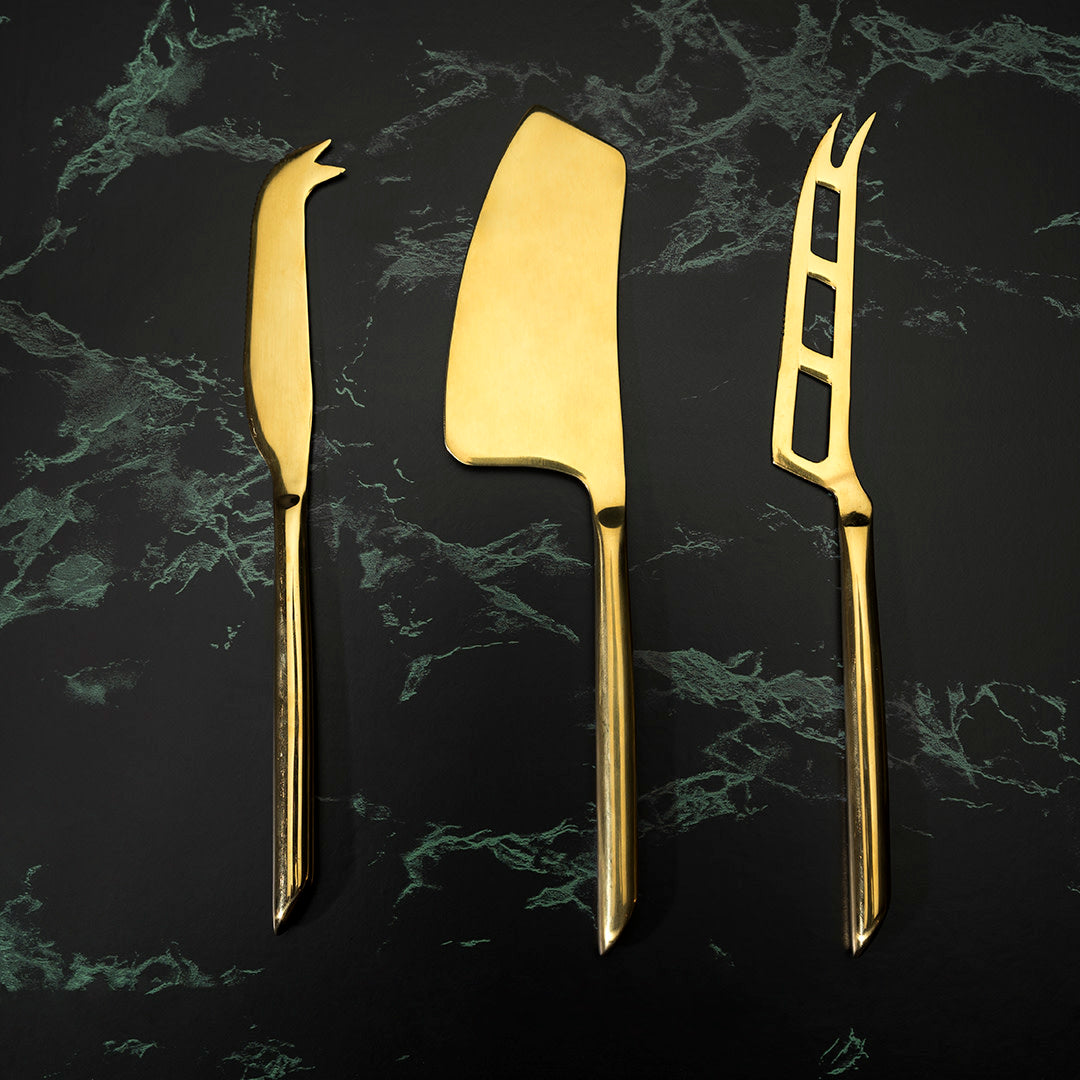Premium Gold Cheese Knives Set of 3 - Stainless Steel Cheese Slicers for Entertaining, Charcuterie Boards & Wine Pairings