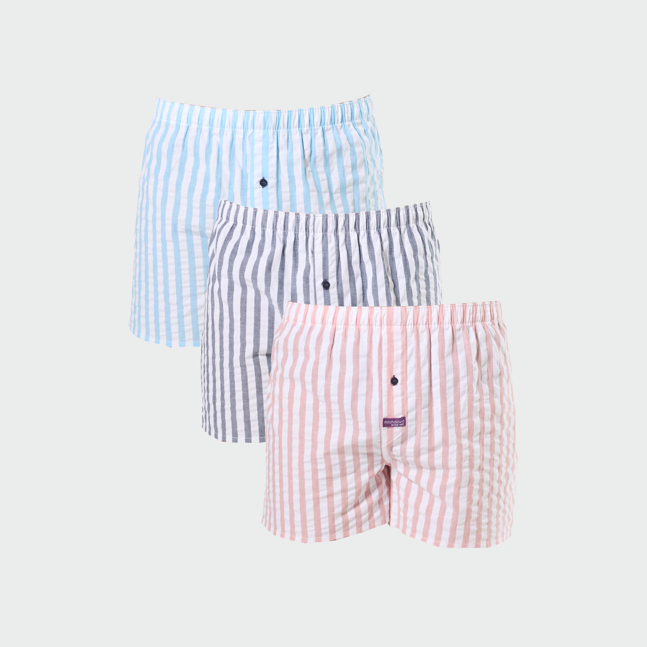 Men's Seersucker Stripe Cotton Boxer Shorts 3-Pack - Breathable Summer Underwear in Red, Blue & Navy | Perfect for Travel, Gym & Everyday Comfort