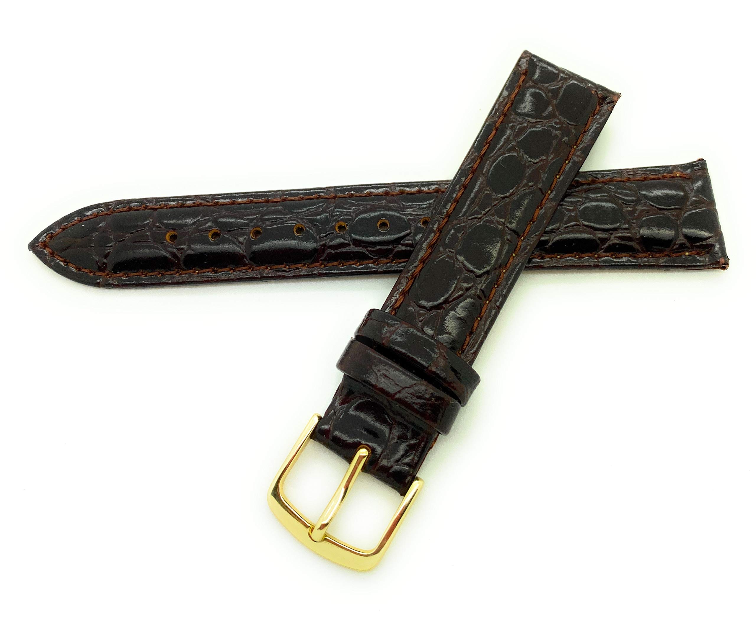 Hadley Roma MS717 20mm Short Brown Genuine Leather Watch Band with Crocodile Grain & Stitching - Perfect Replacement Strap for Dress Watches, Business Attire & Formal Occasions